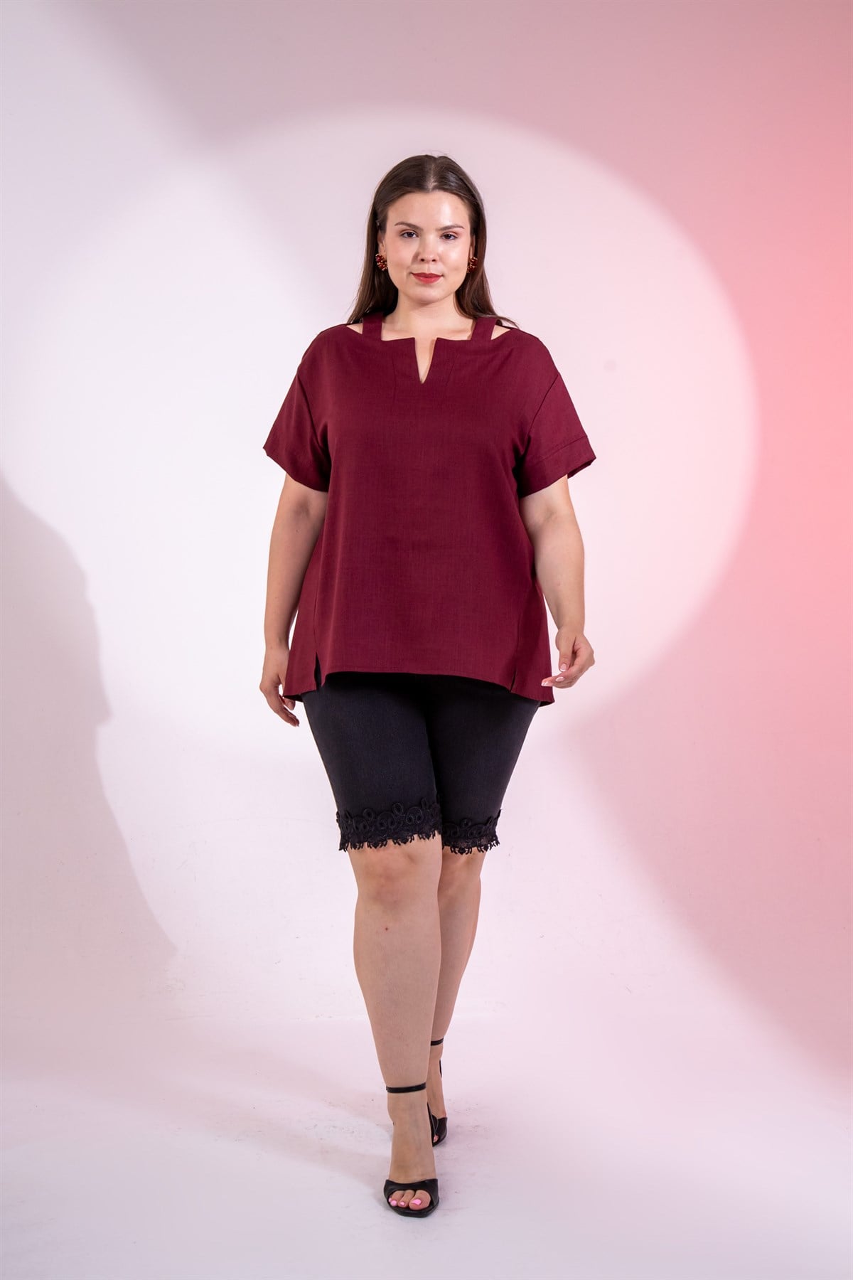 Büyük Beden 3331109 Yaka Askı Detaylı Bluz  Bordo