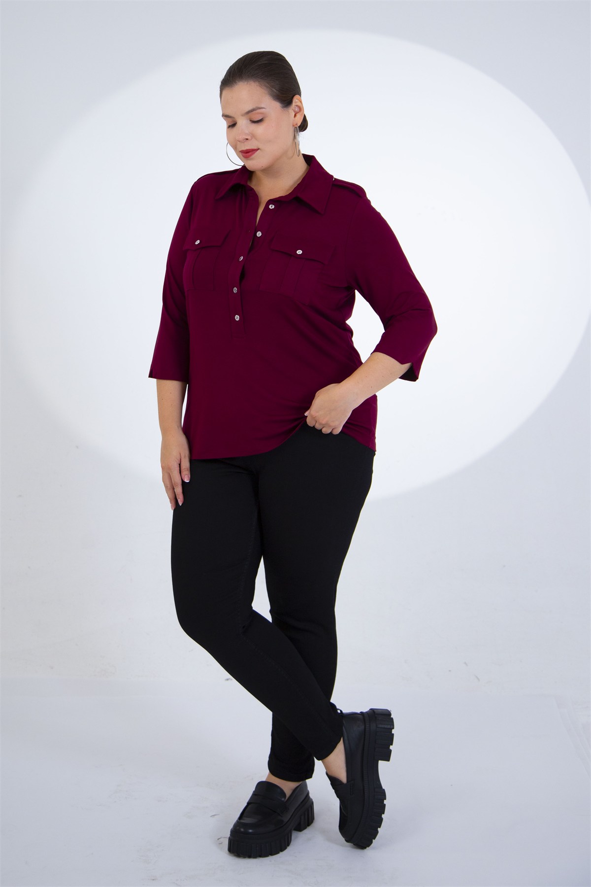Büyük Beden 3331257 Apoletli Cepli Bluz Bordo