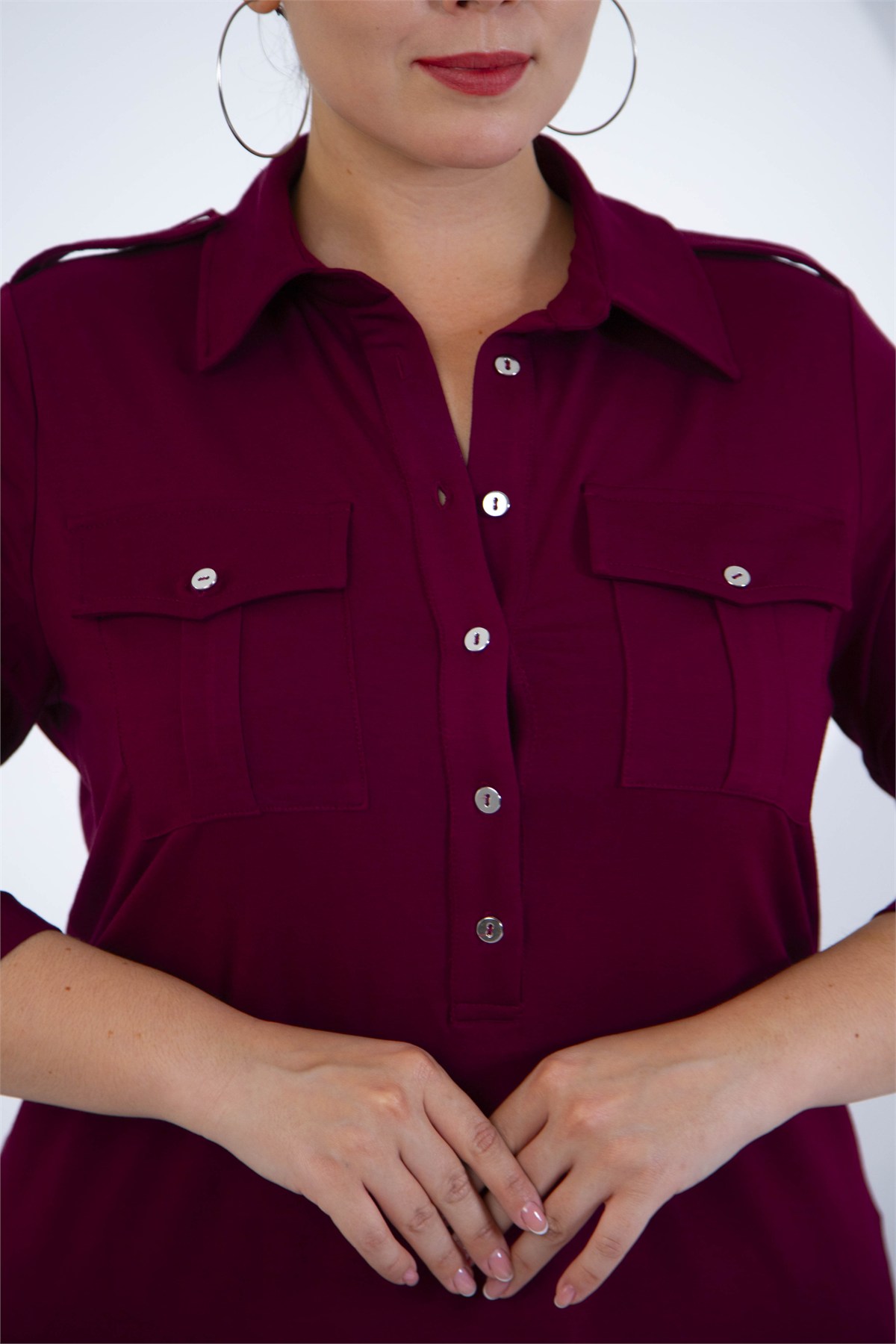 Büyük Beden 3331257 Apoletli Cepli Bluz Bordo
