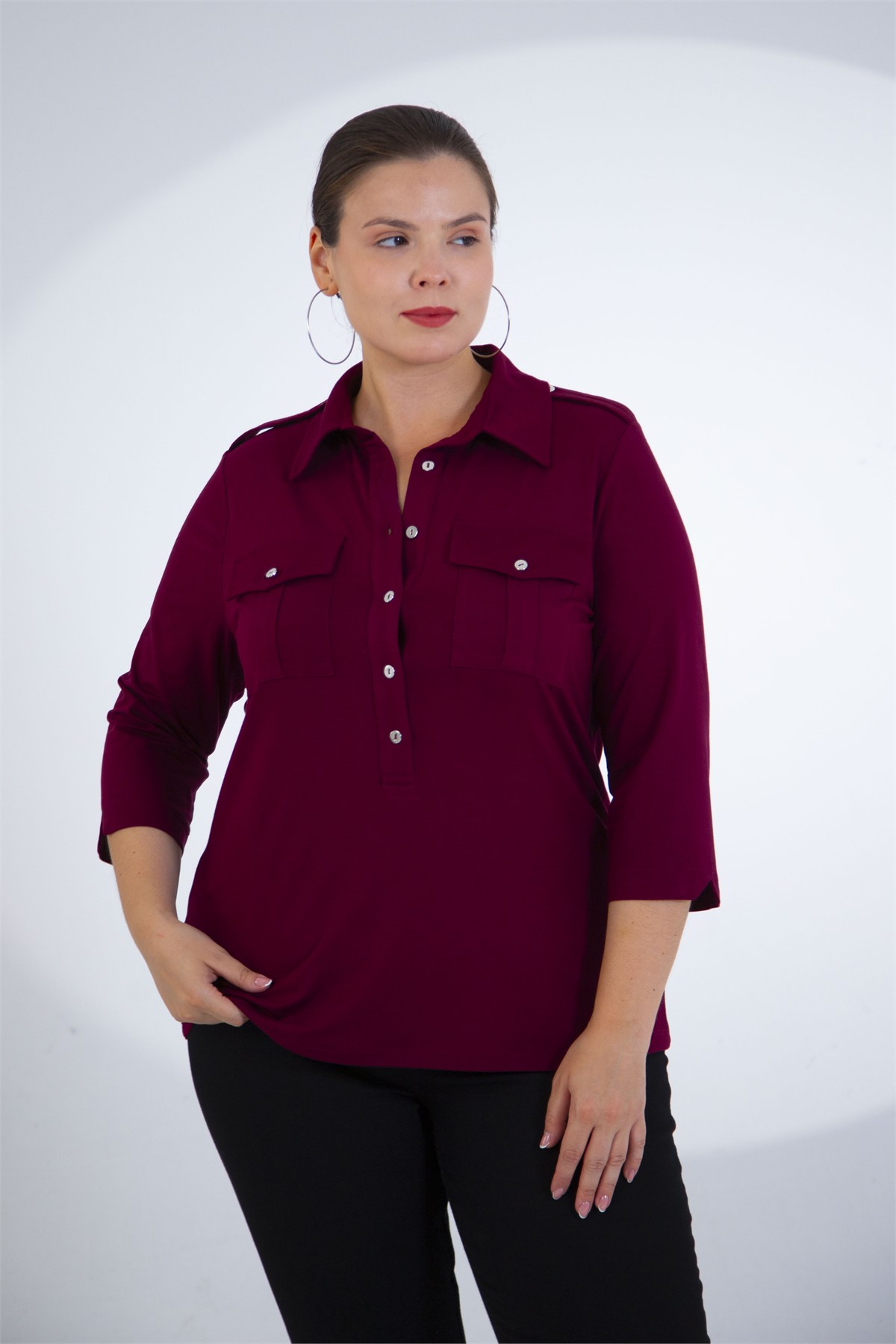 Büyük Beden 3331257 Apoletli Cepli Bluz Bordo