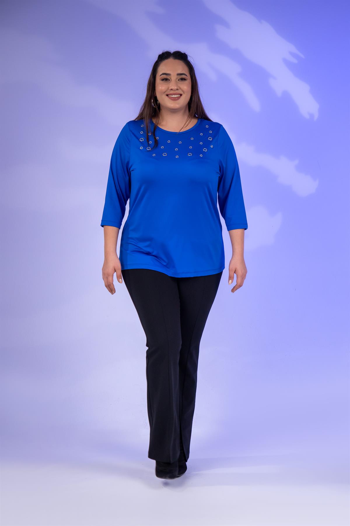 Büyük Beden 333148 Kuş Gözlü Bluz  Mavi