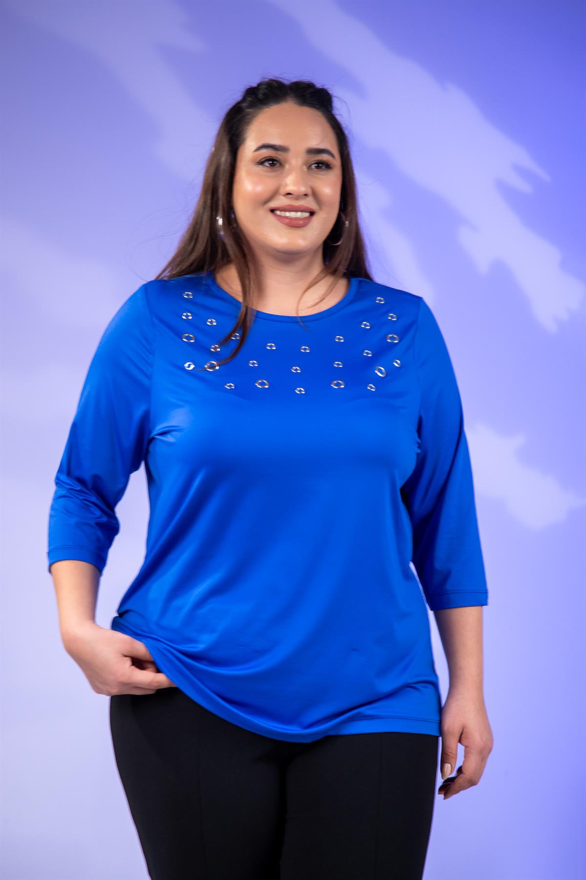 Büyük Beden 333148 Kuş Gözlü Bluz  Mavi