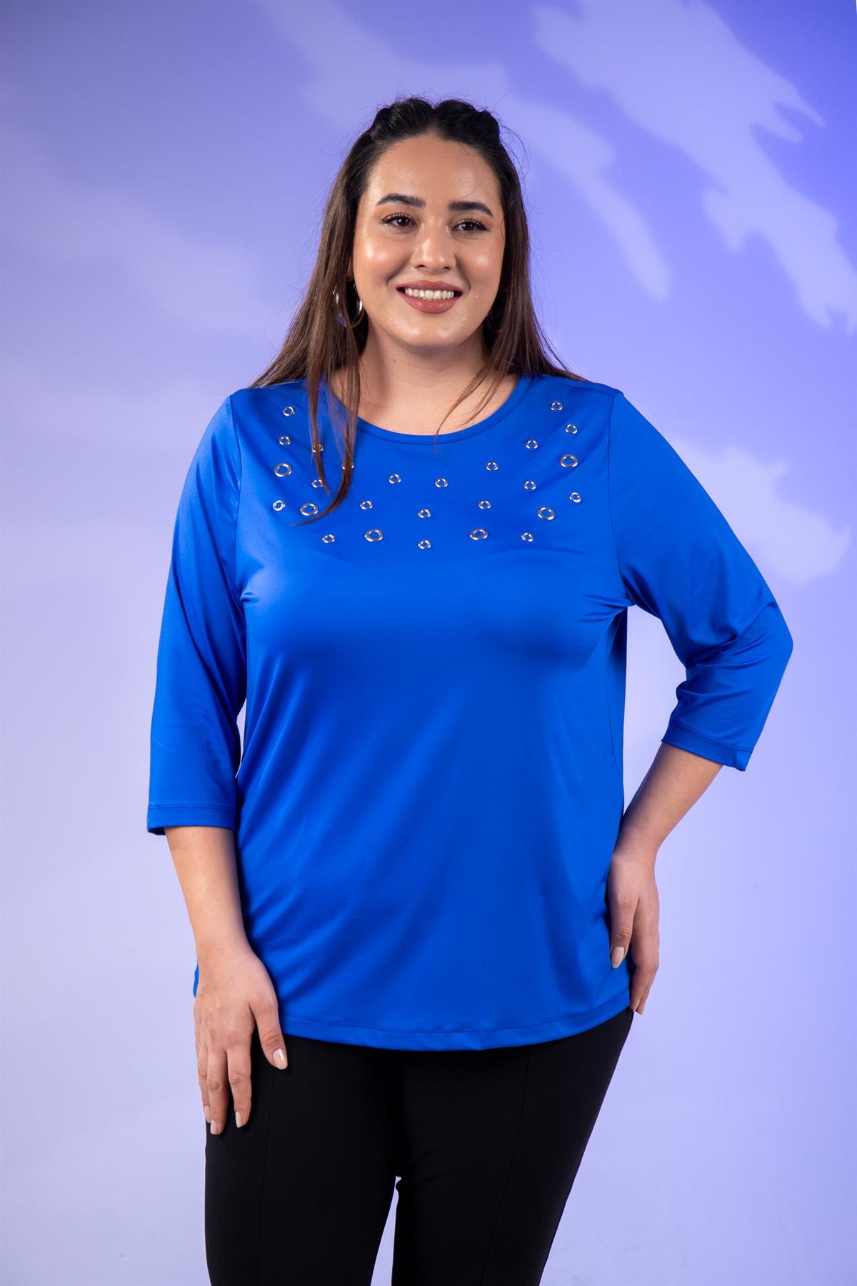 Büyük Beden 333148 Kuş Gözlü Bluz  Mavi