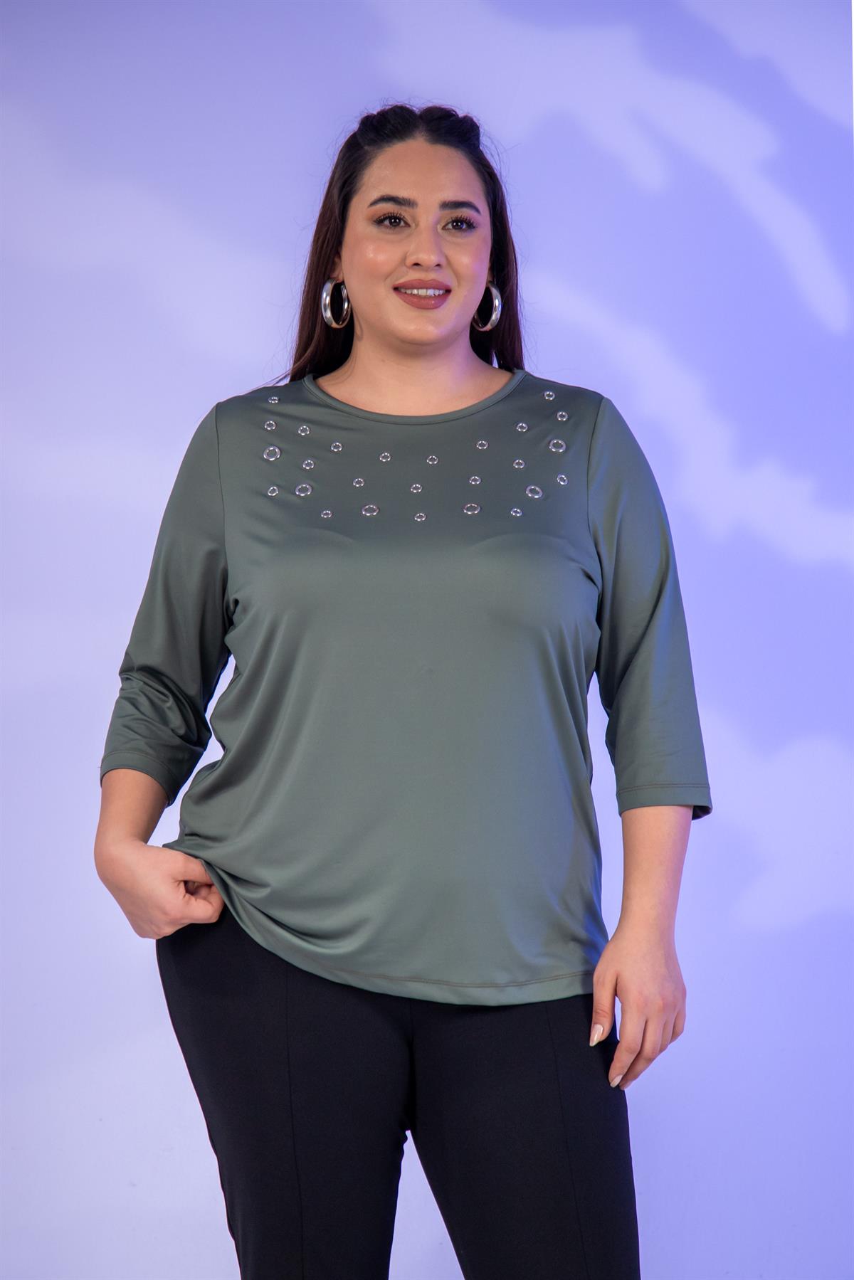 Büyük Beden 333148 Kuş Gözlü Bluz  Yeşil