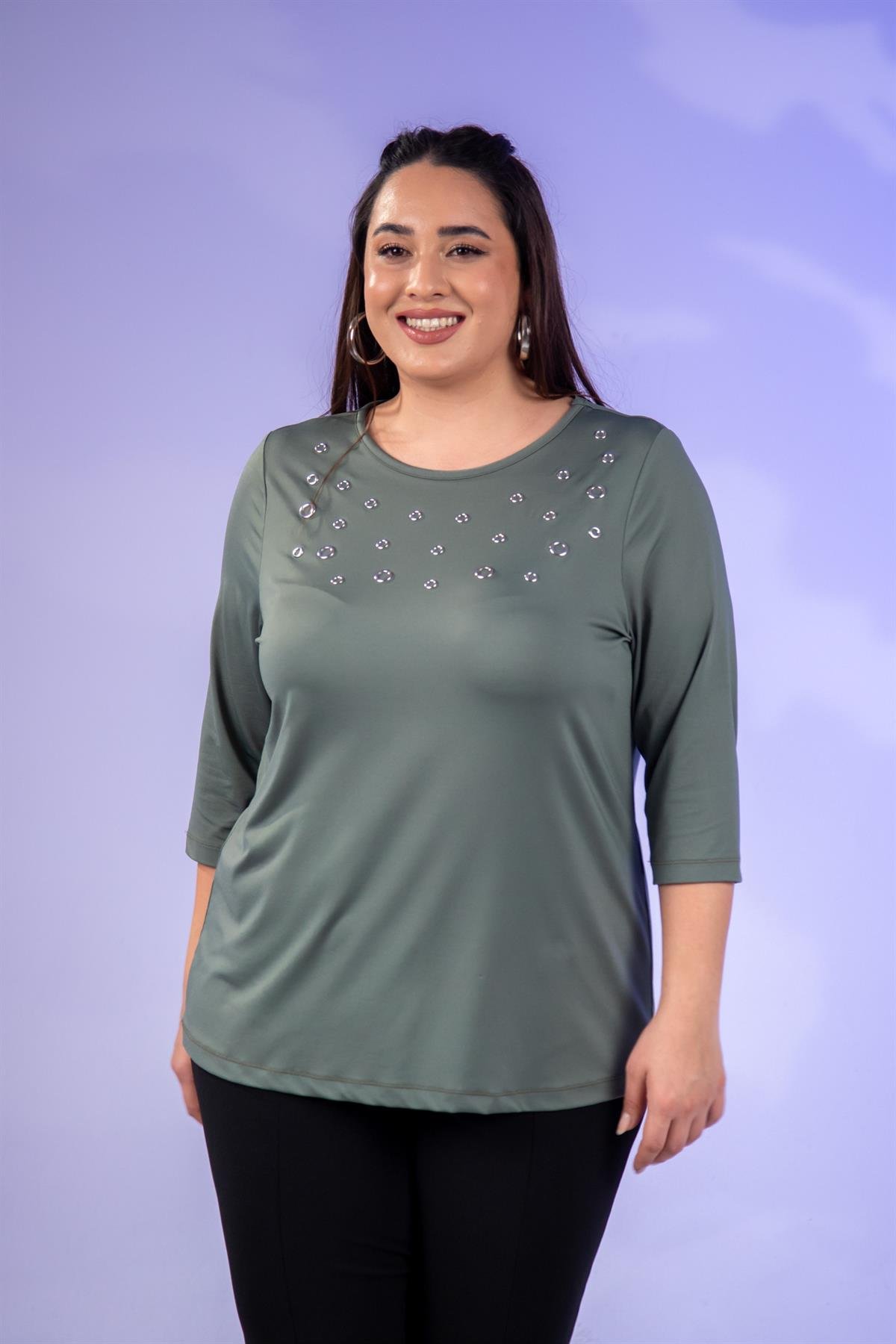 Büyük Beden 333148 Kuş Gözlü Bluz  Yeşil