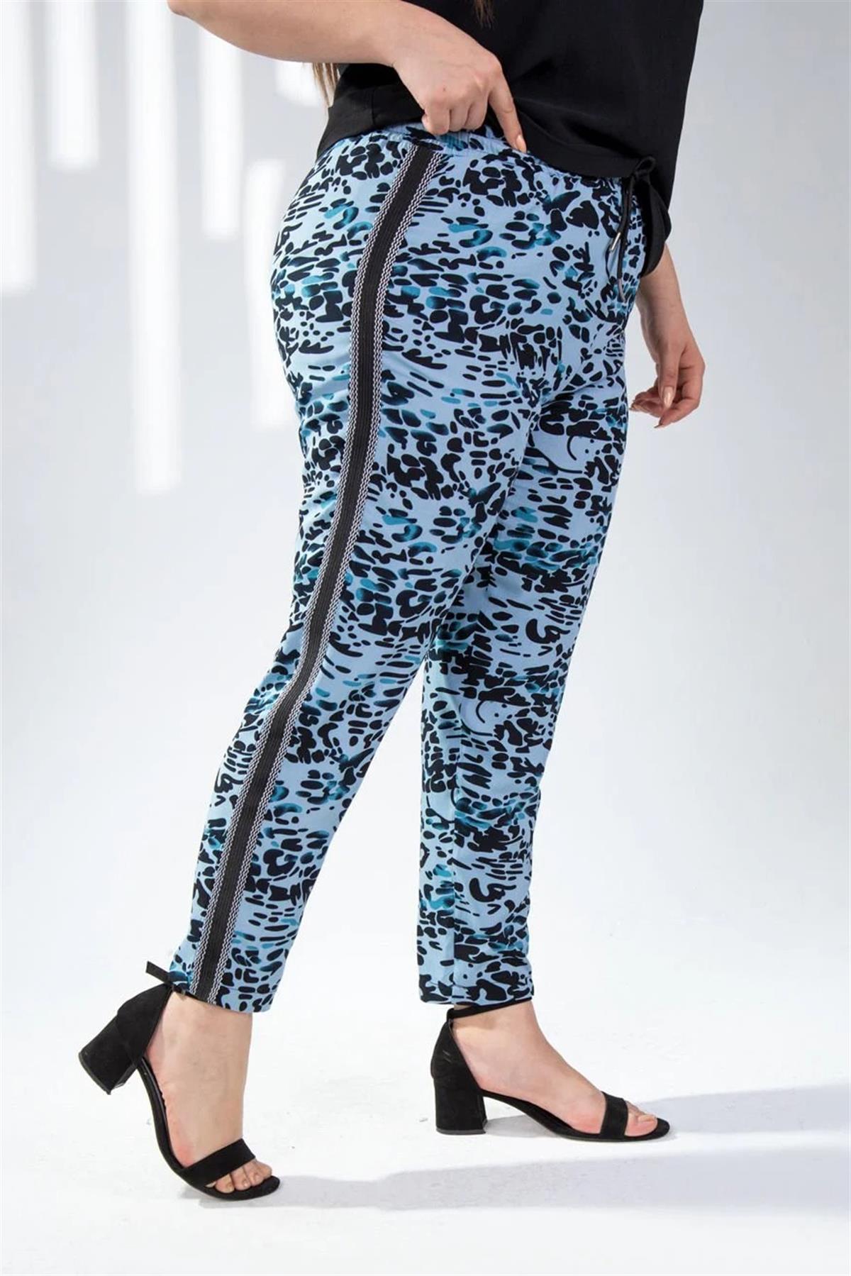 Büyük Beden 333165 Leopar Desenli Pantolon  Mavi