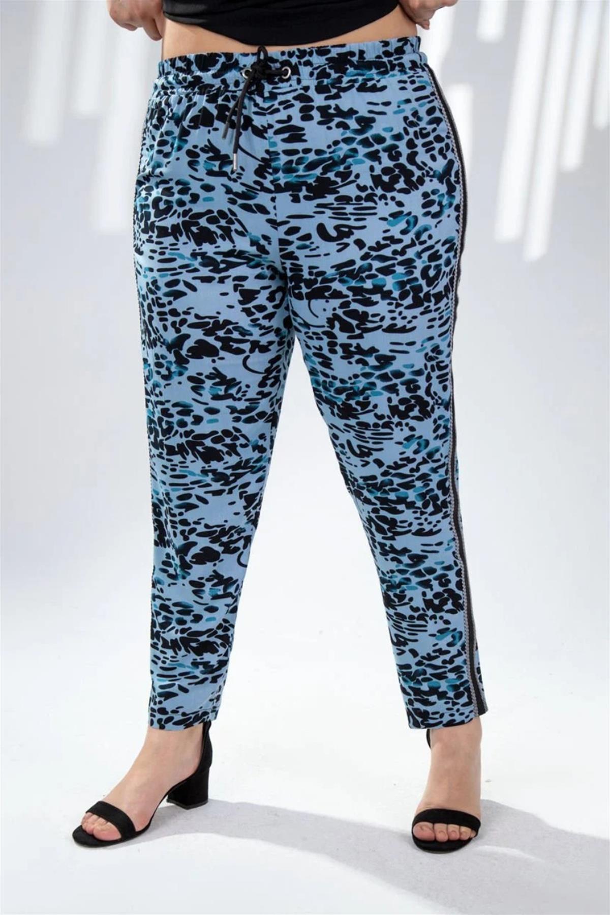 Büyük Beden 333165 Leopar Desenli Pantolon  Mavi