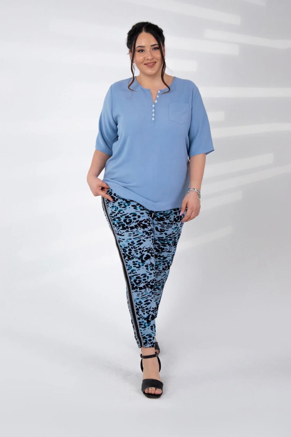 Büyük Beden 333165 Leopar Desenli Pantolon  Mavi