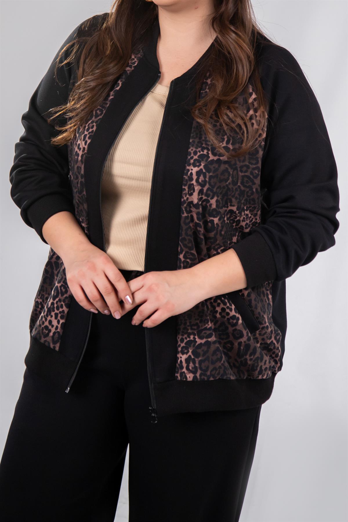 Büyük Beden 333174 Fermuarlı Leoparlı Sweat Kahverengi