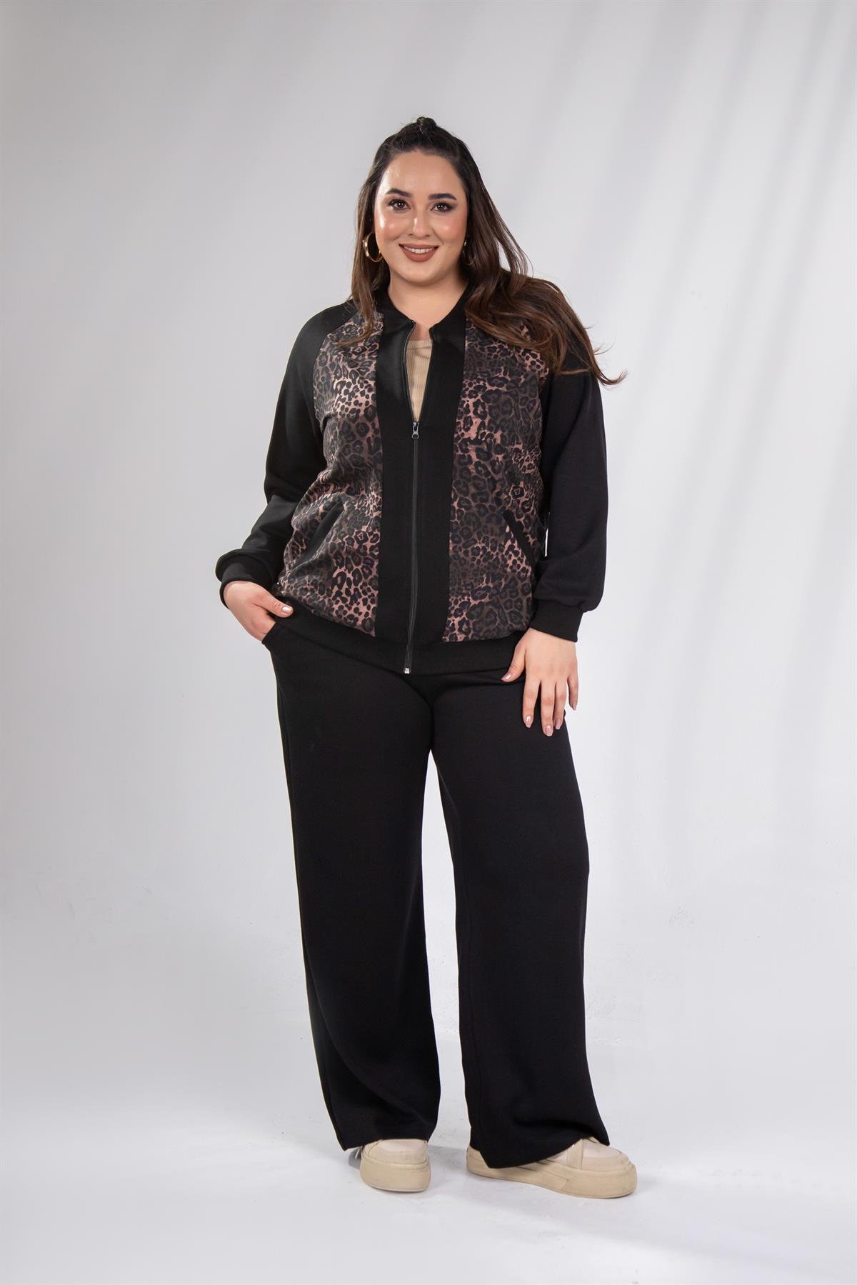 Büyük Beden 333174 Fermuarlı Leoparlı Sweat Kahverengi