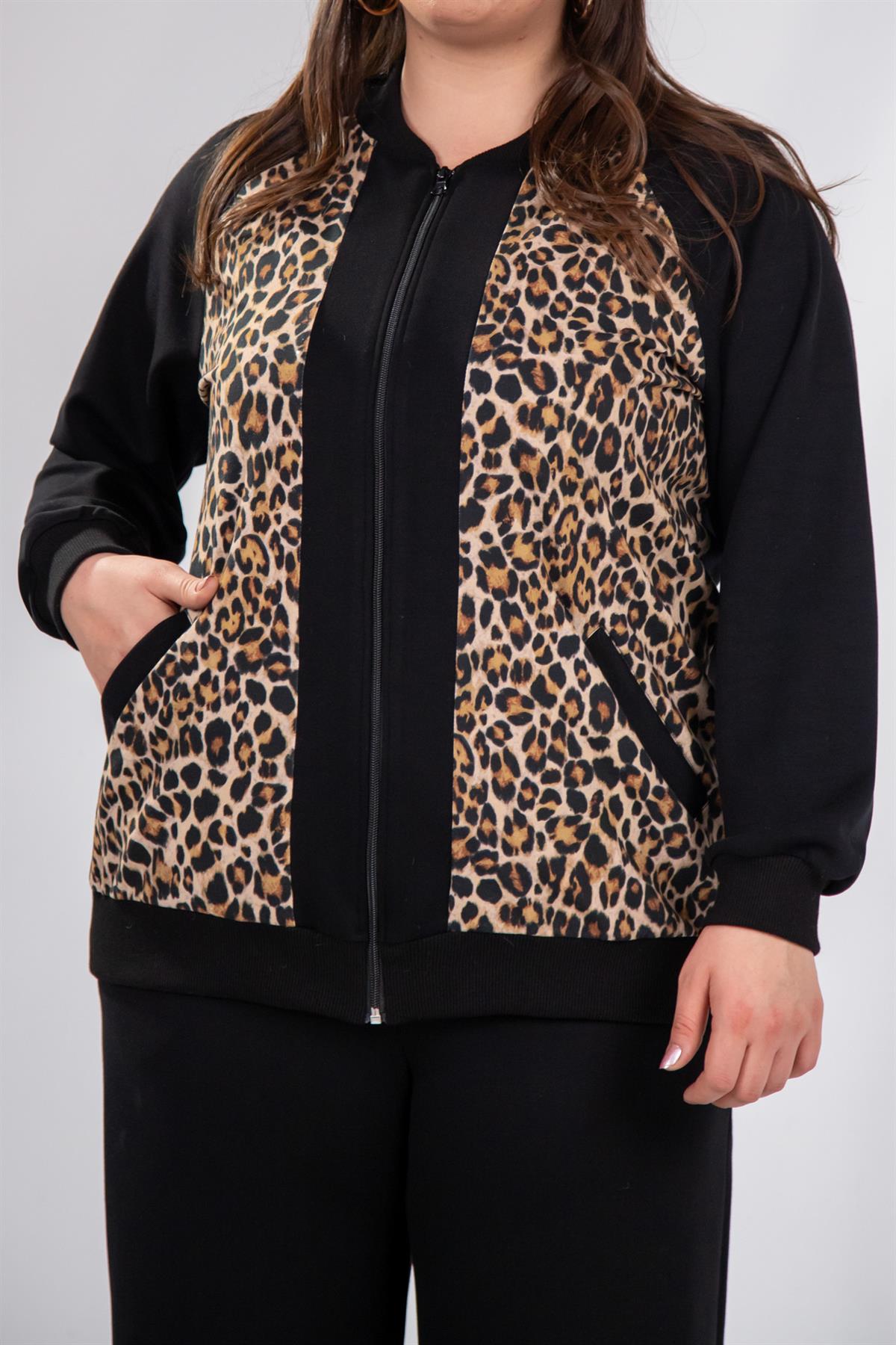 Büyük Beden 333174 Fermuarlı Leoparlı Sweat Bej