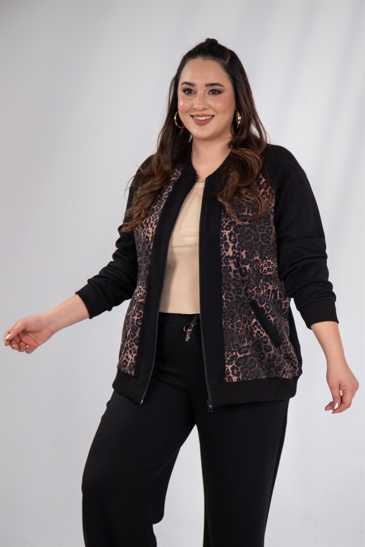Büyük Beden 333174 Fermuarlı Leoparlı Sweat Kahverengi