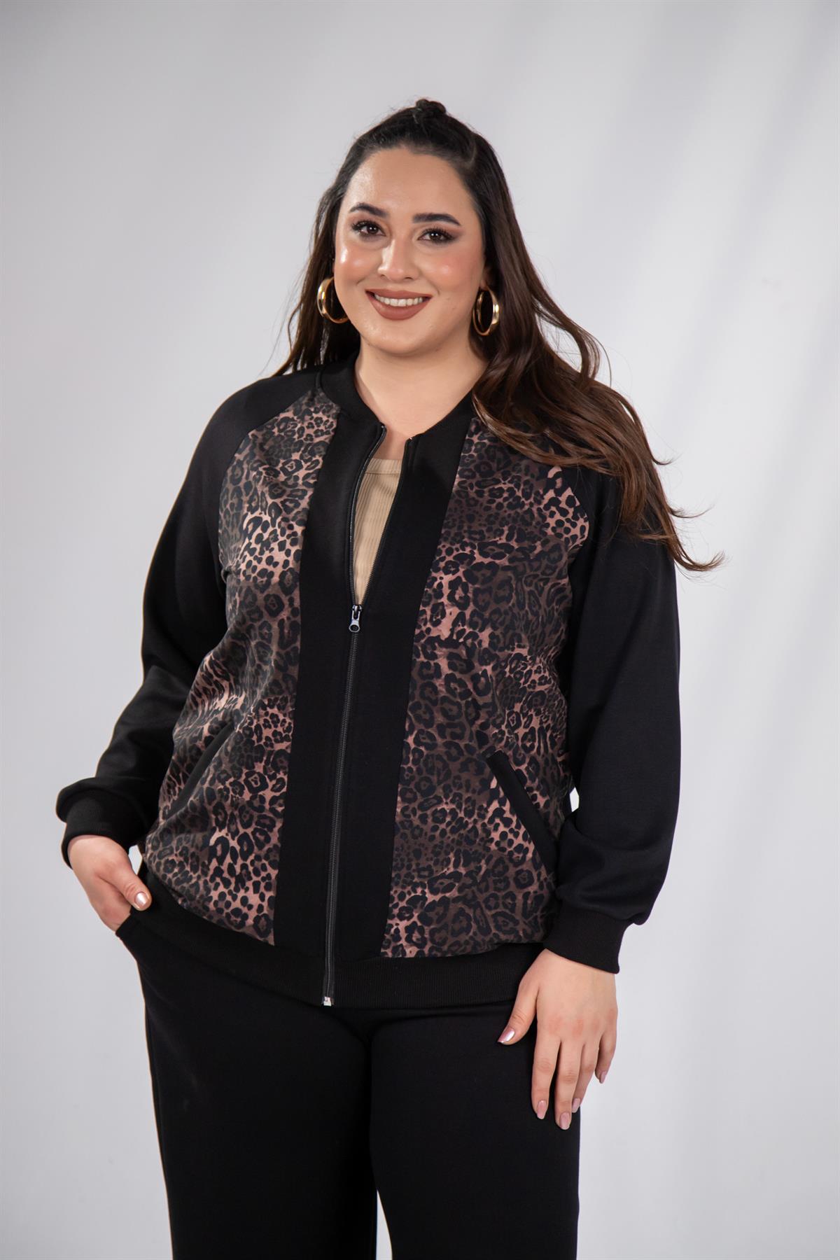 Büyük Beden 333174 Fermuarlı Leoparlı Sweat Kahverengi