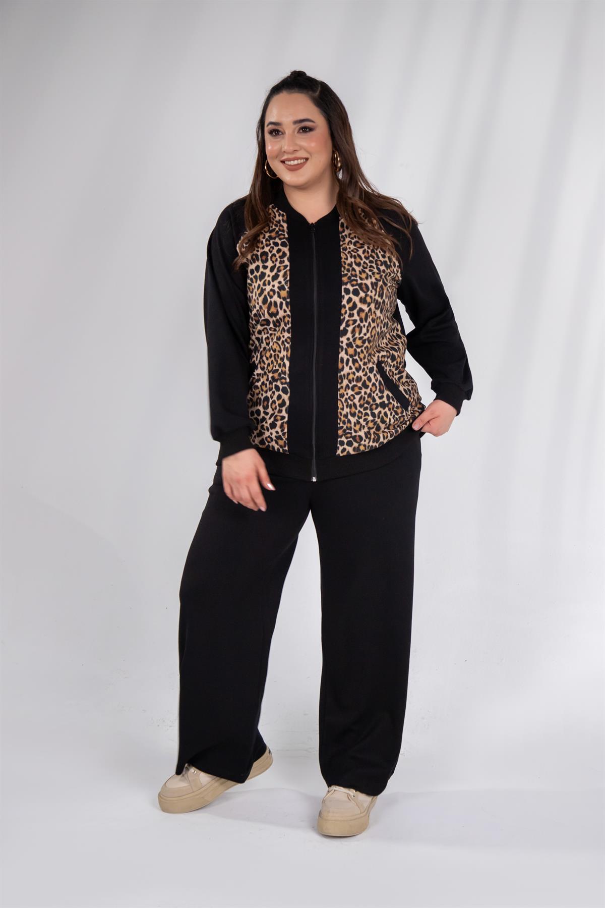 Büyük Beden 333174 Fermuarlı Leoparlı Sweat Bej