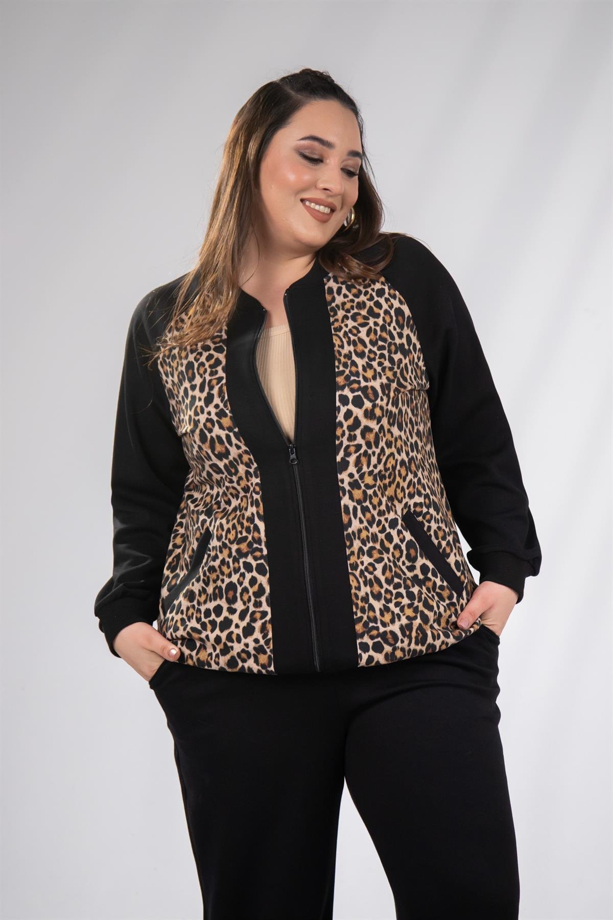 Büyük Beden 333174 Fermuarlı Leoparlı Sweat Bej