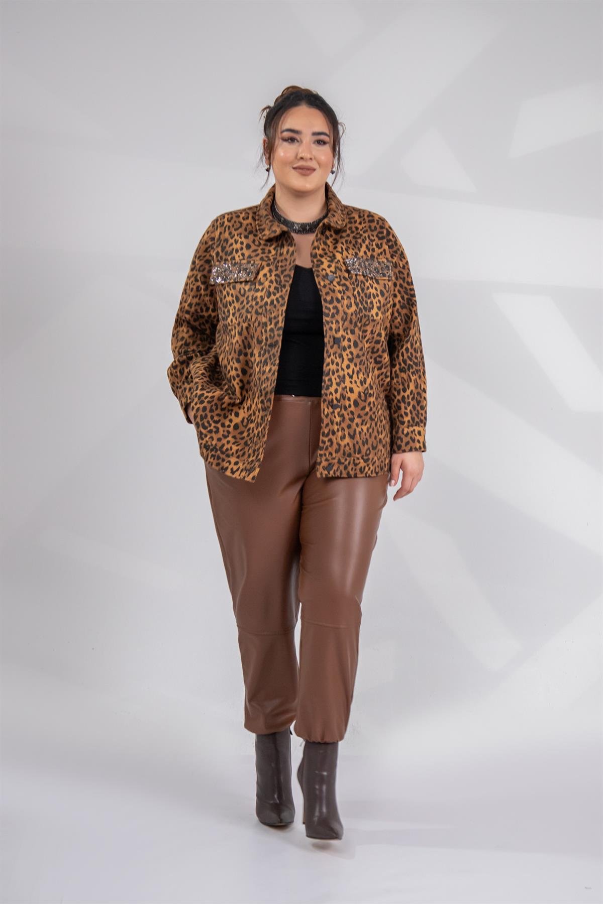 Büyük Beden 333194 Cep Taşlı Leoparlı Kaşe Mont Camel