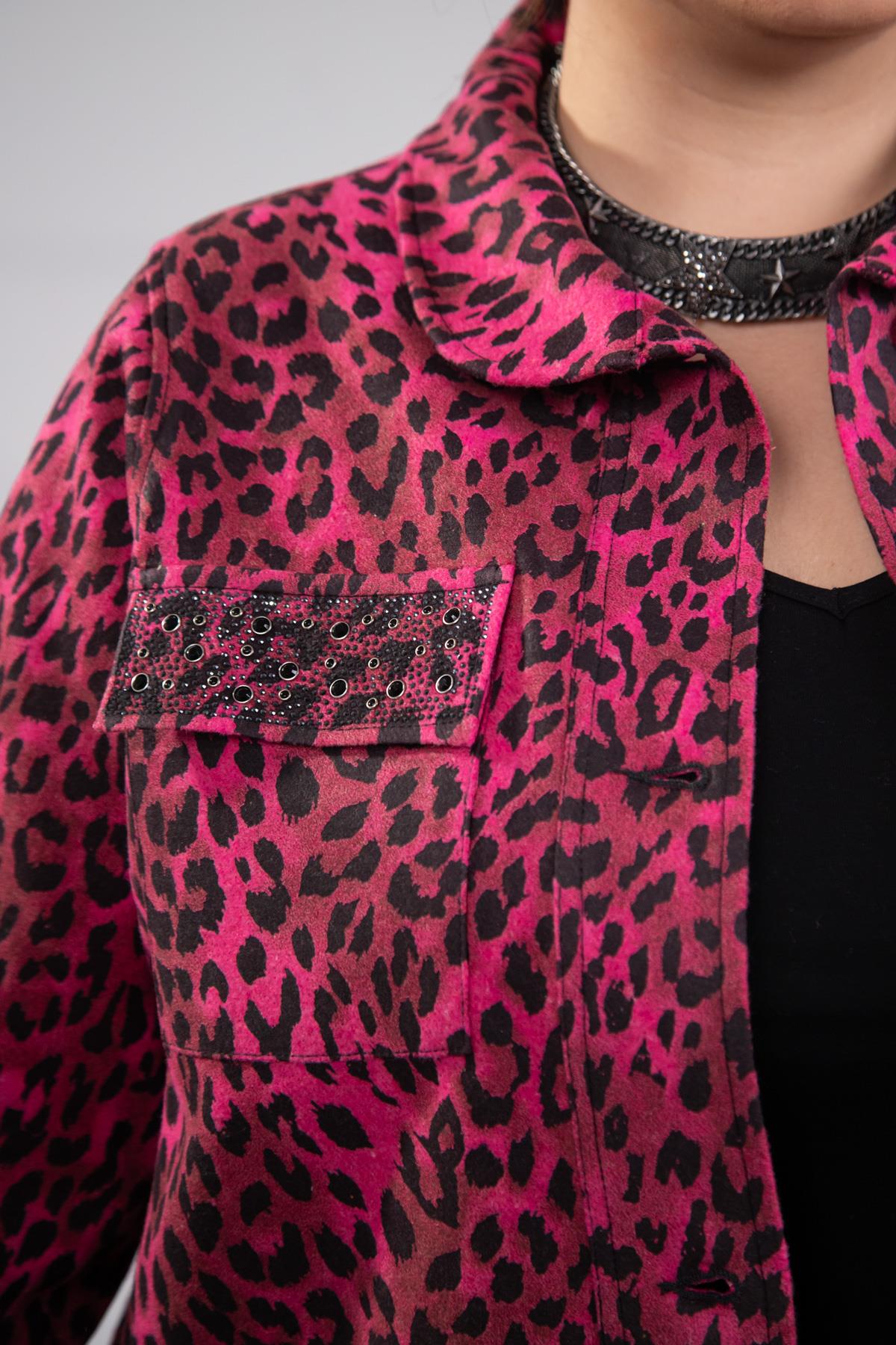 Büyük Beden 333194 Cep Taşlı Leoparlı Kaşe Mont Fuşya
