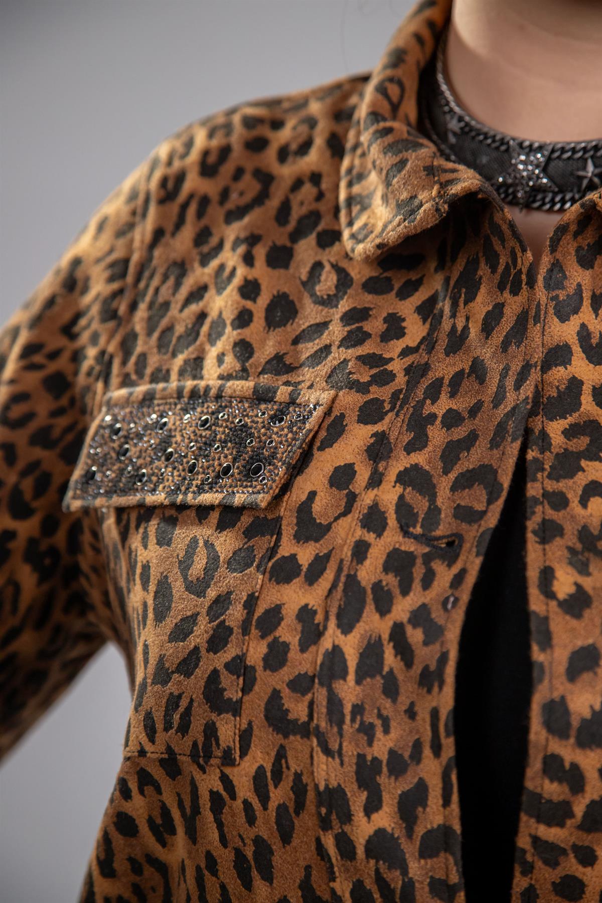 Büyük Beden 333194 Cep Taşlı Leoparlı Kaşe Mont Camel