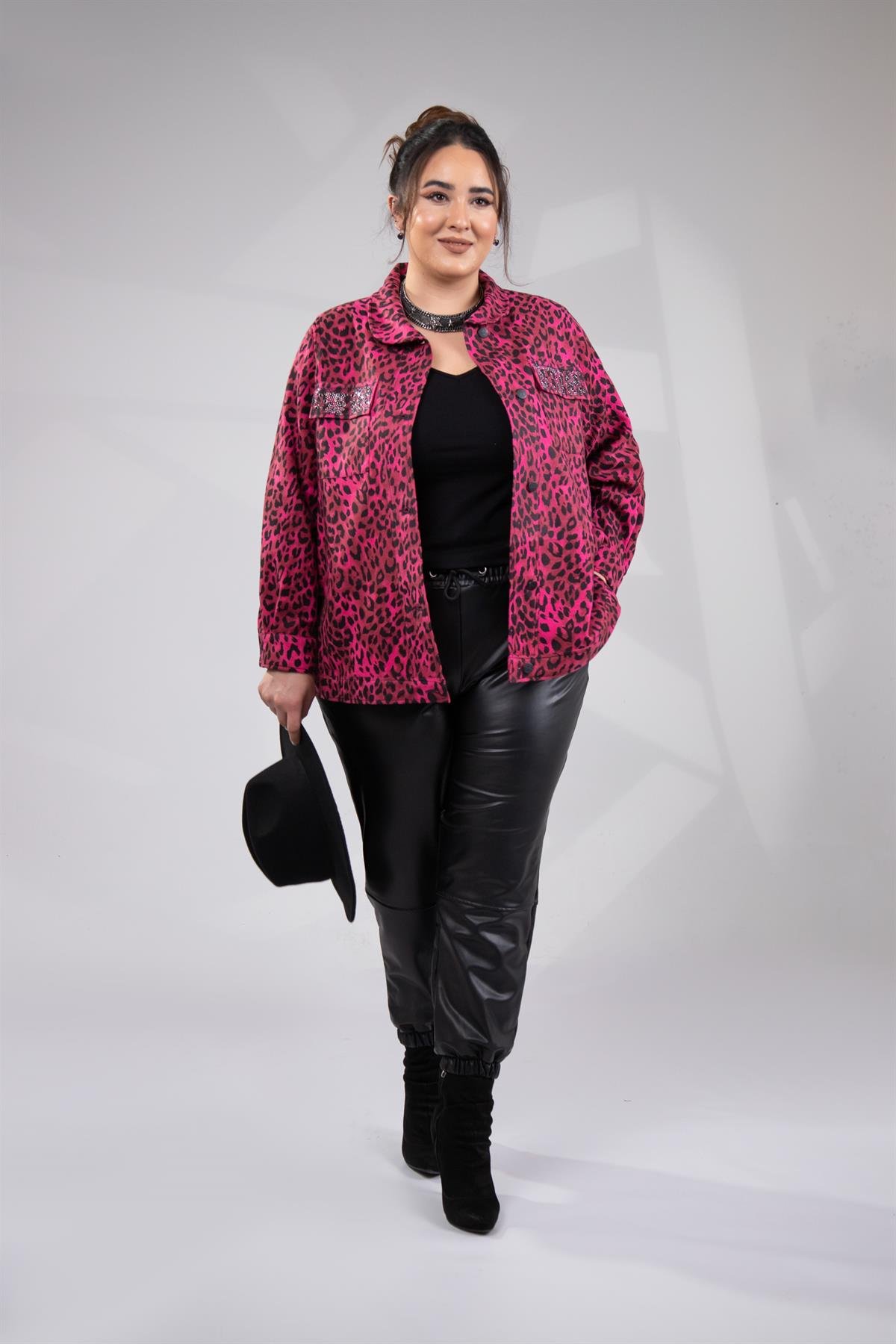 Büyük Beden 333194 Cep Taşlı Leoparlı Kaşe Mont Fuşya