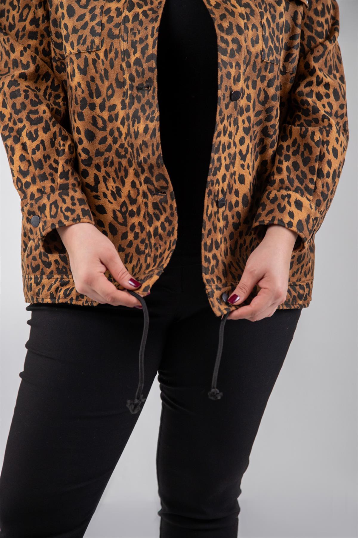 Büyük Beden 333194 Cep Taşlı Leoparlı Kaşe Mont Camel