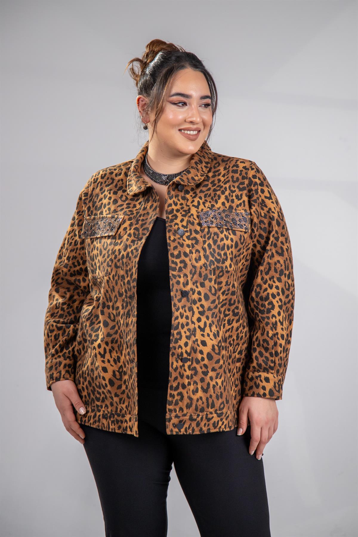 Büyük Beden 333194 Cep Taşlı Leoparlı Kaşe Mont Camel