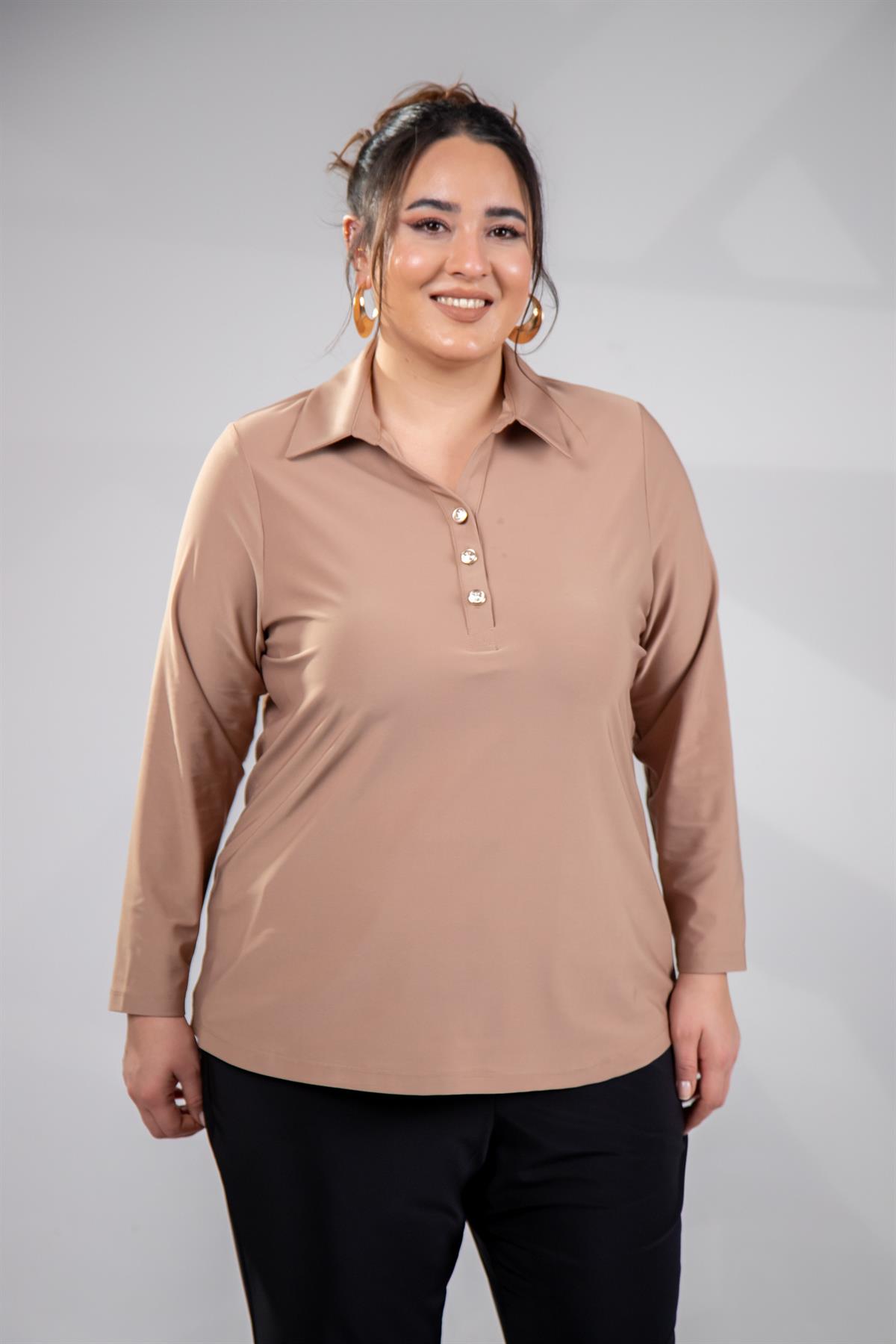 Büyük Beden 333201 Düğmeli Polo Yaka Bluz  Bej