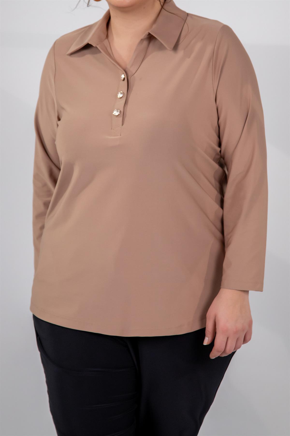 Büyük Beden 333201 Düğmeli Polo Yaka Bluz  Bej