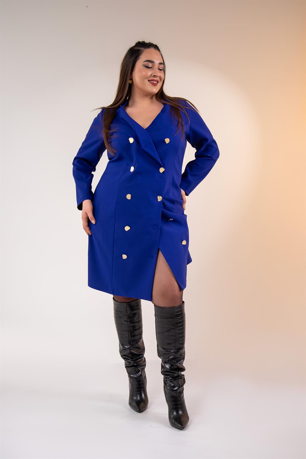 Büyük Beden 333218 YakA-Düğme Detaylı Elbise  Mavı