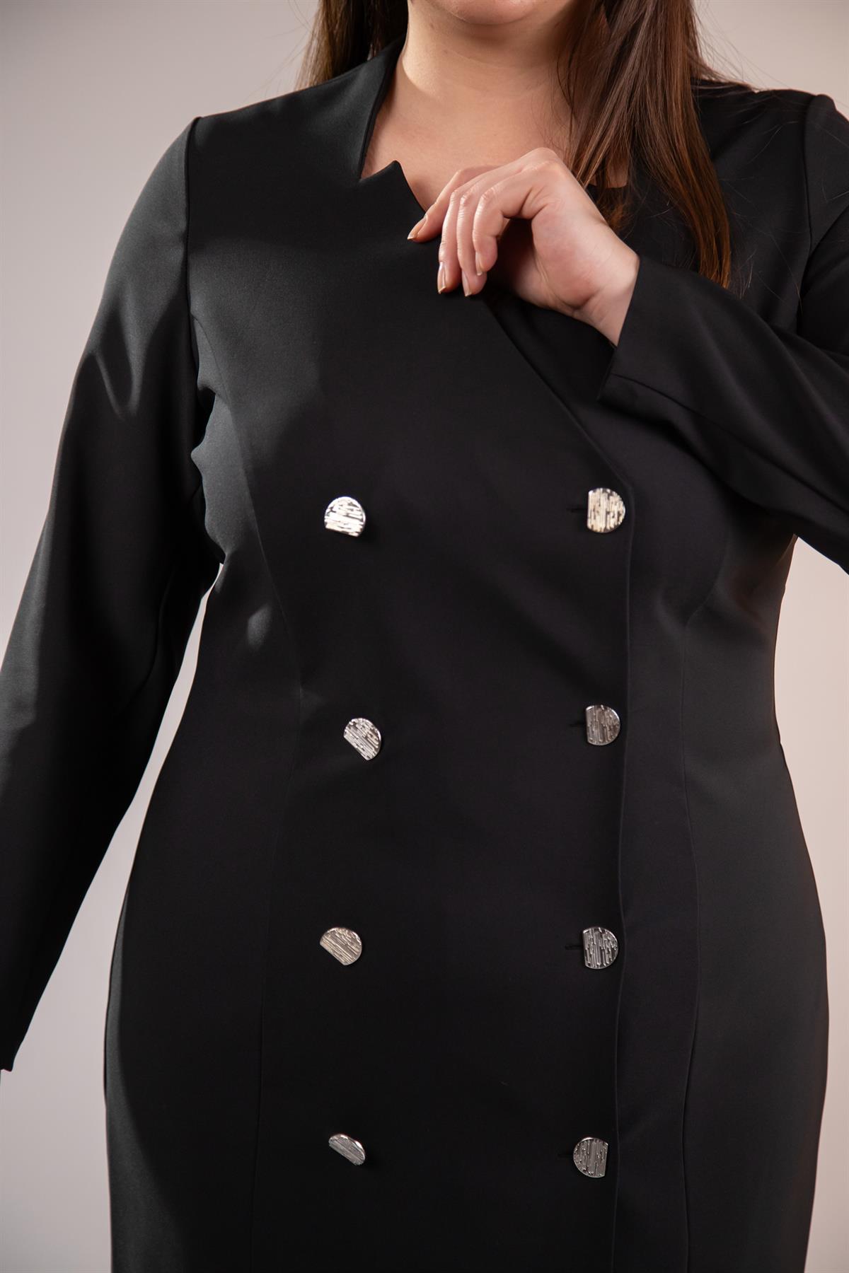 Büyük Beden 333218 YakA-Düğme Detaylı Elbise  Siyah