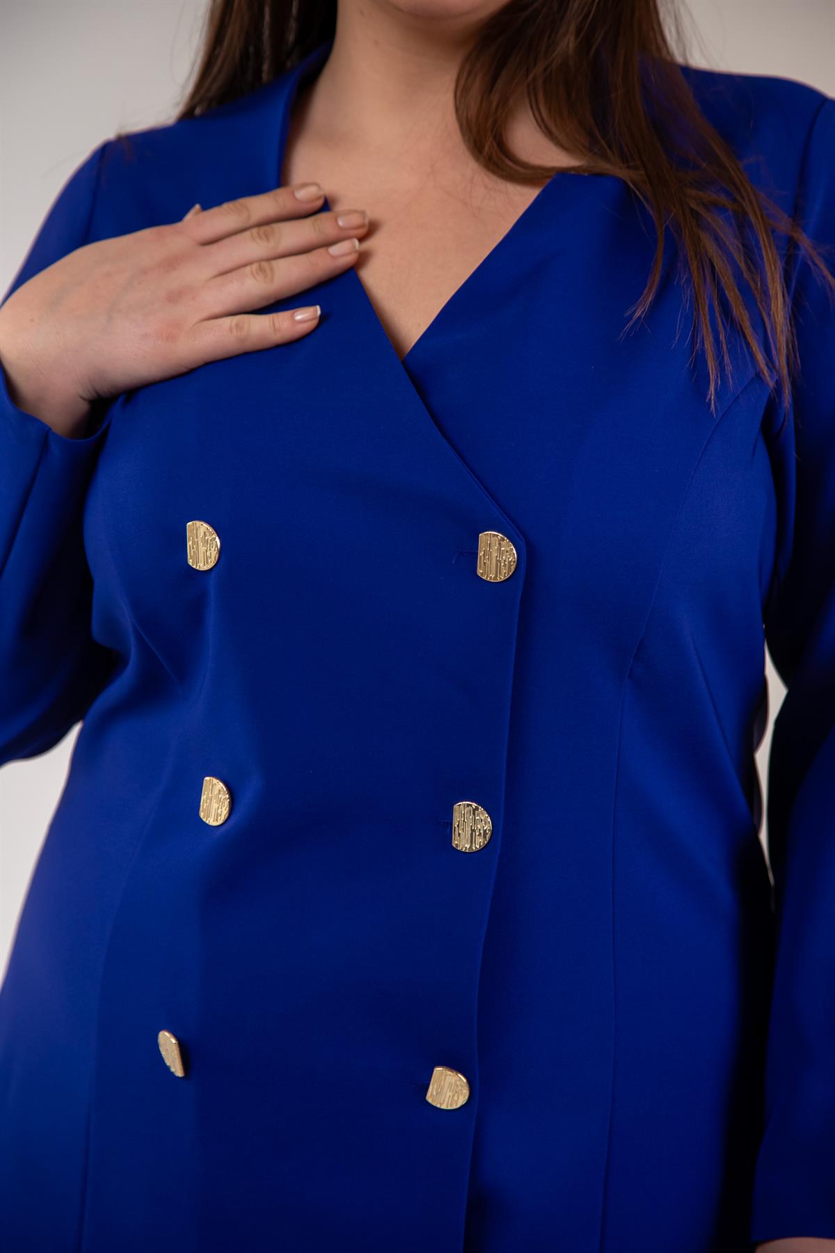 Büyük Beden 333218 YakA-Düğme Detaylı Elbise  Mavı