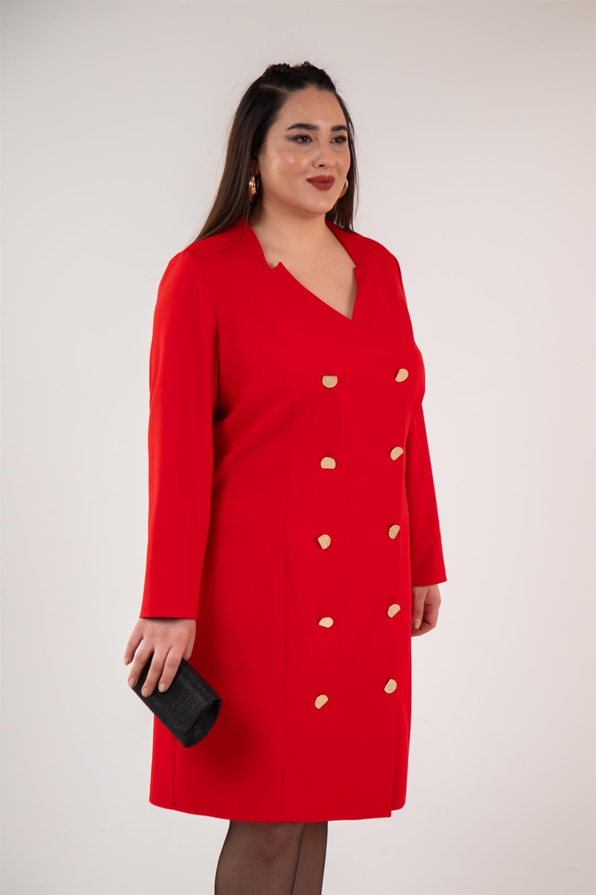 Büyük Beden 333218 Yaka-Düğme Detaylı Elbise  Kırmızı