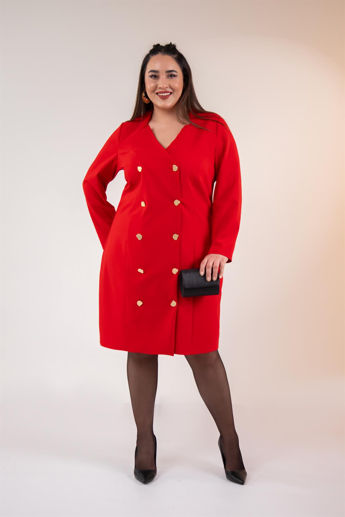 Büyük Beden 333218 Yaka-Düğme Detaylı Elbise  Kırmızı