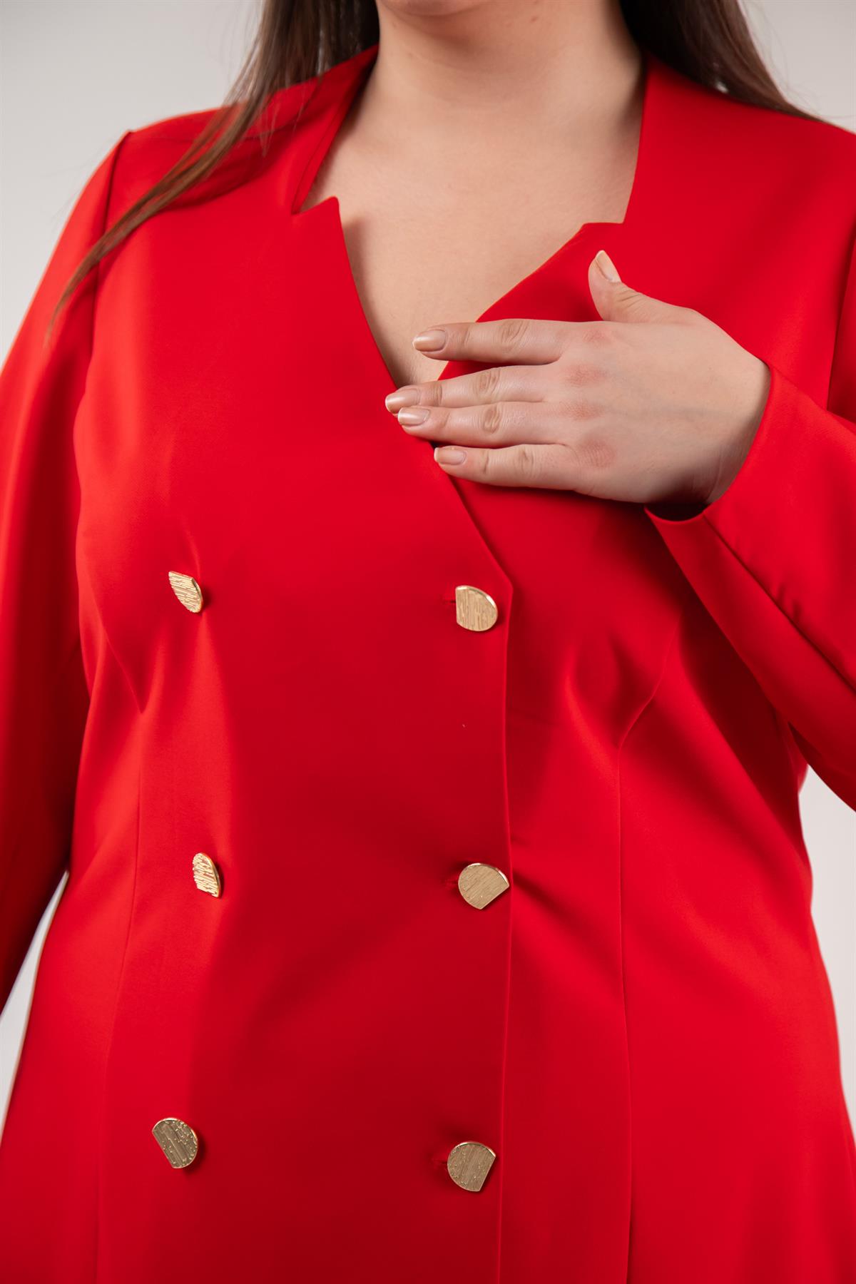 Büyük Beden 333218 Yaka-Düğme Detaylı Elbise  Kırmızı