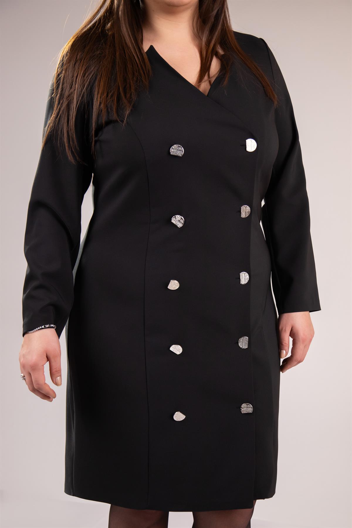 Büyük Beden 333218 YakA-Düğme Detaylı Elbise  Siyah