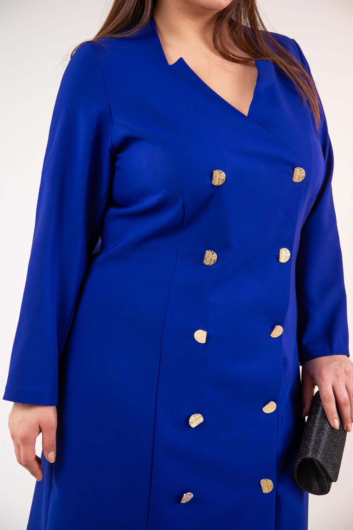 Büyük Beden 333218 YakA-Düğme Detaylı Elbise  Mavı