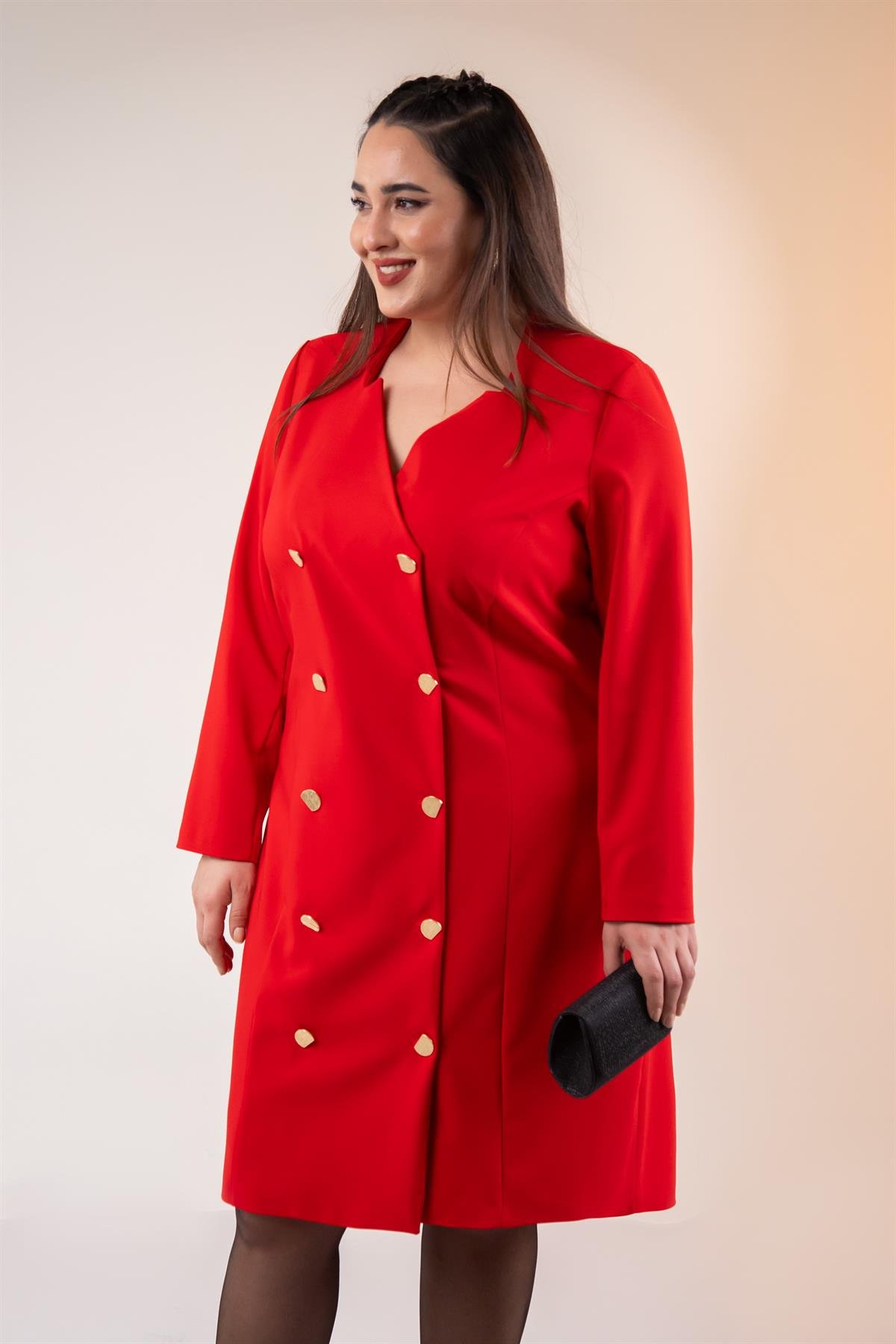 Büyük Beden 333218 Yaka-Düğme Detaylı Elbise  Kırmızı