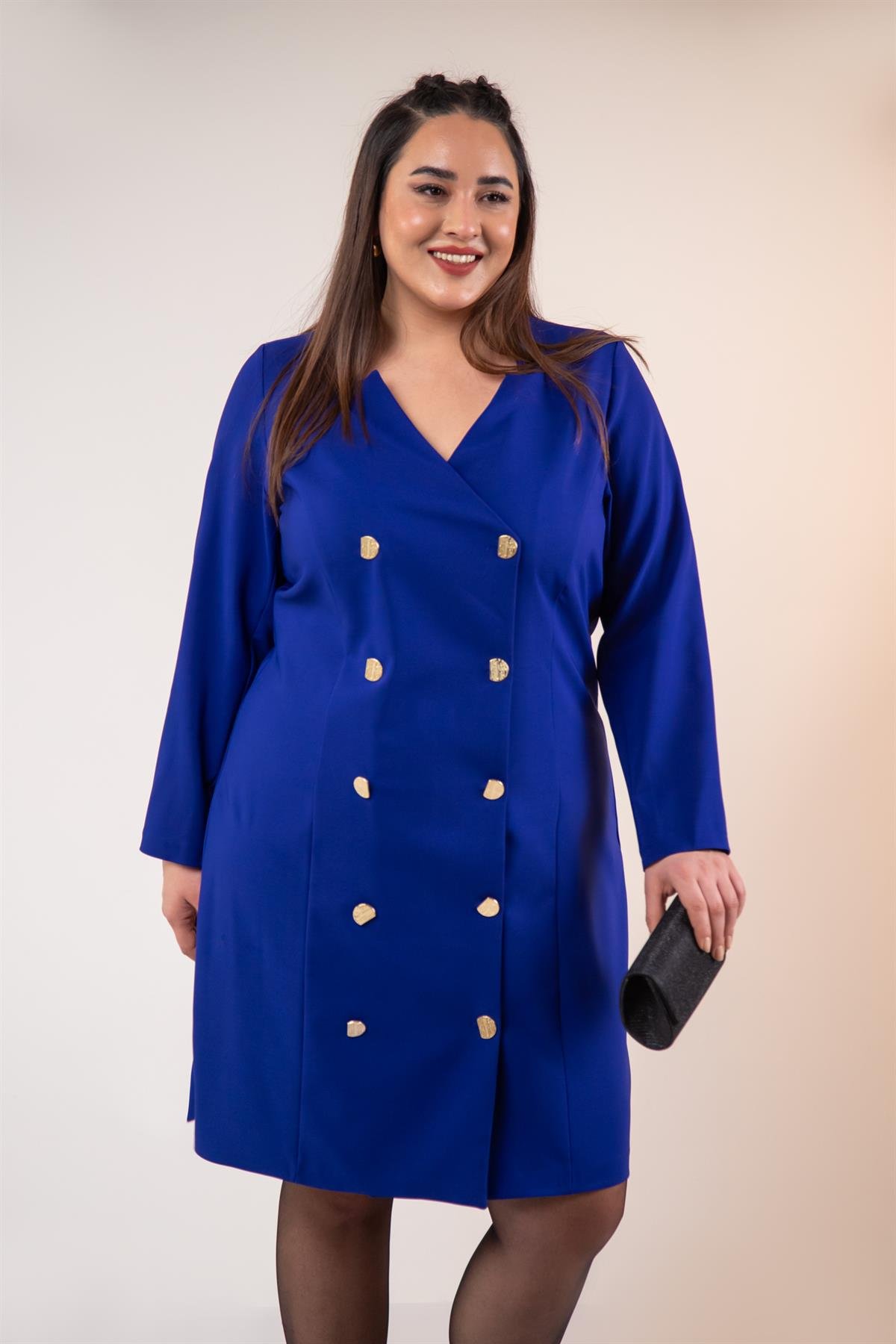 Büyük Beden 333218 YakA-Düğme Detaylı Elbise  Mavı