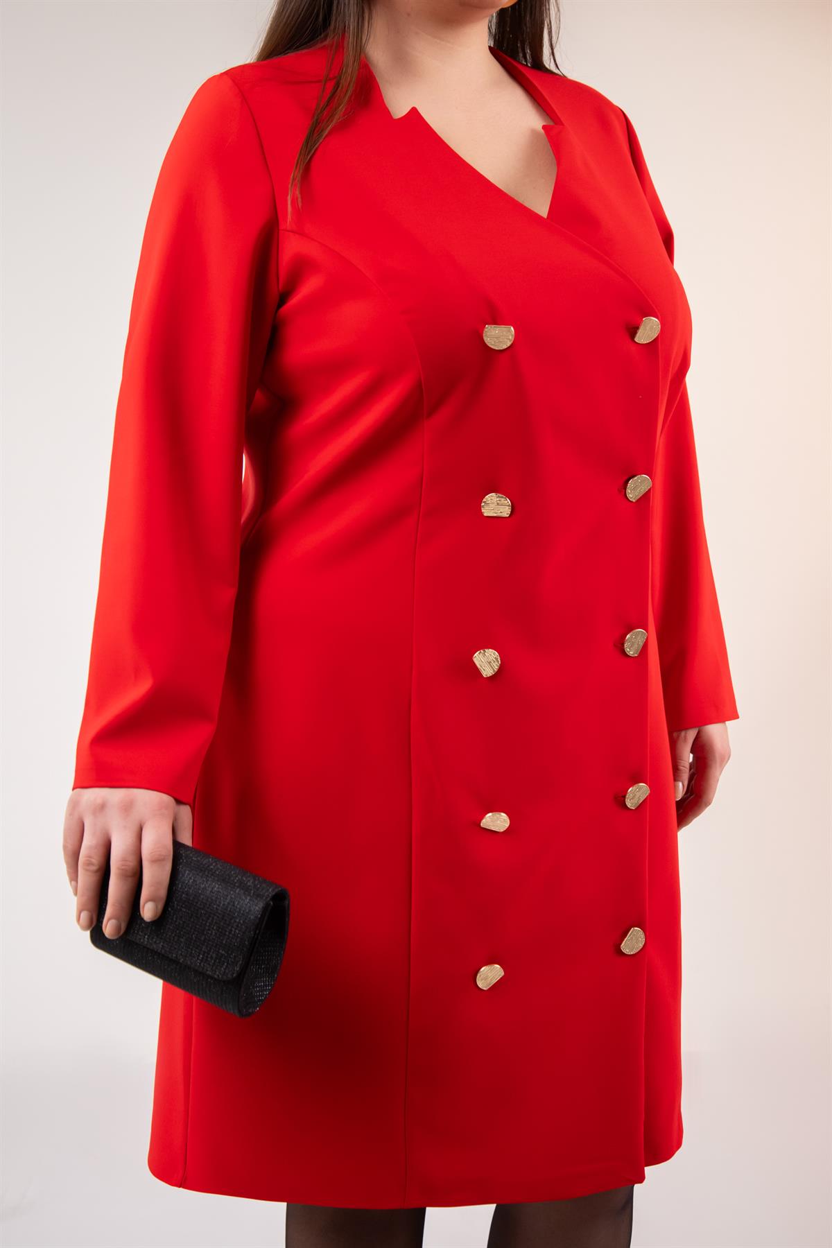 Büyük Beden 333218 Yaka-Düğme Detaylı Elbise  Kırmızı