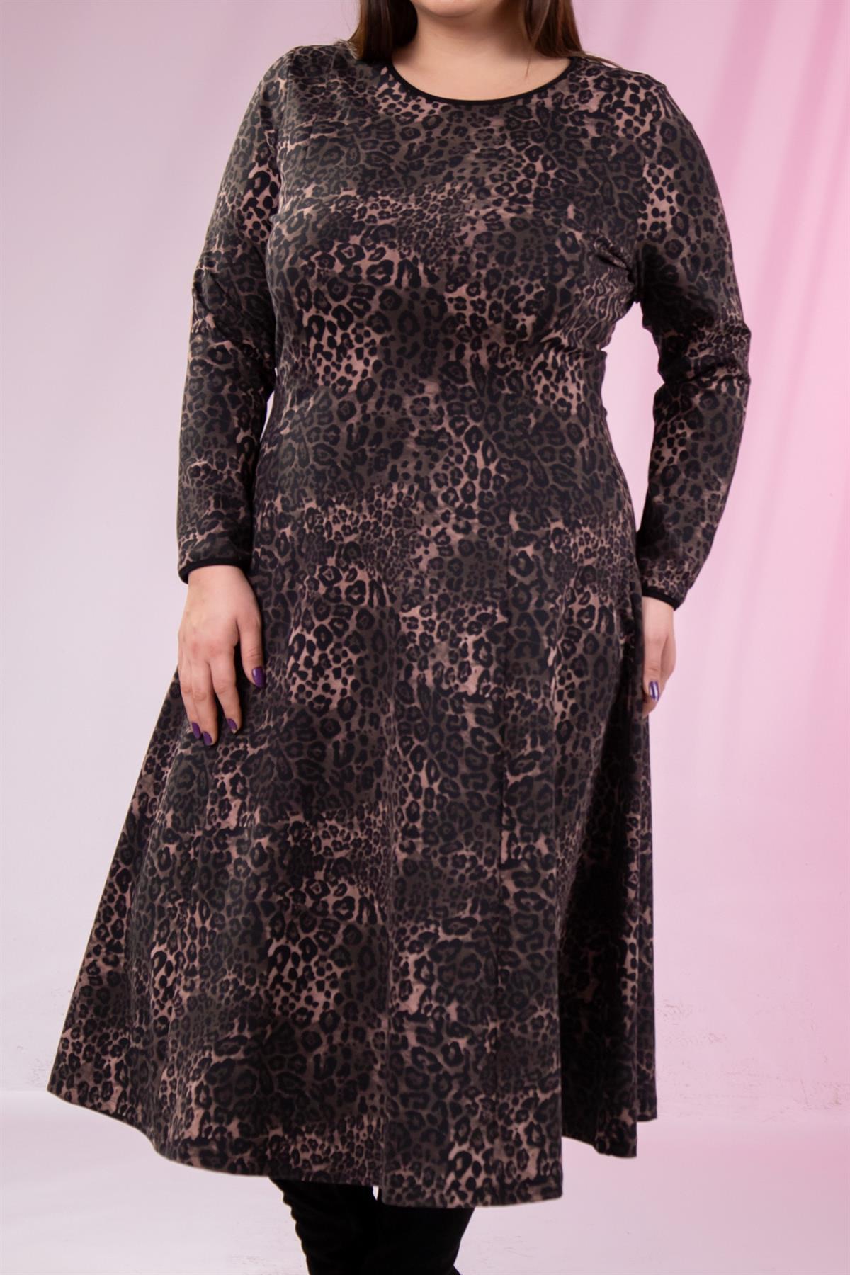 Büyük Beden 33324167 Leopar Desenli Elbise  Kahverengi