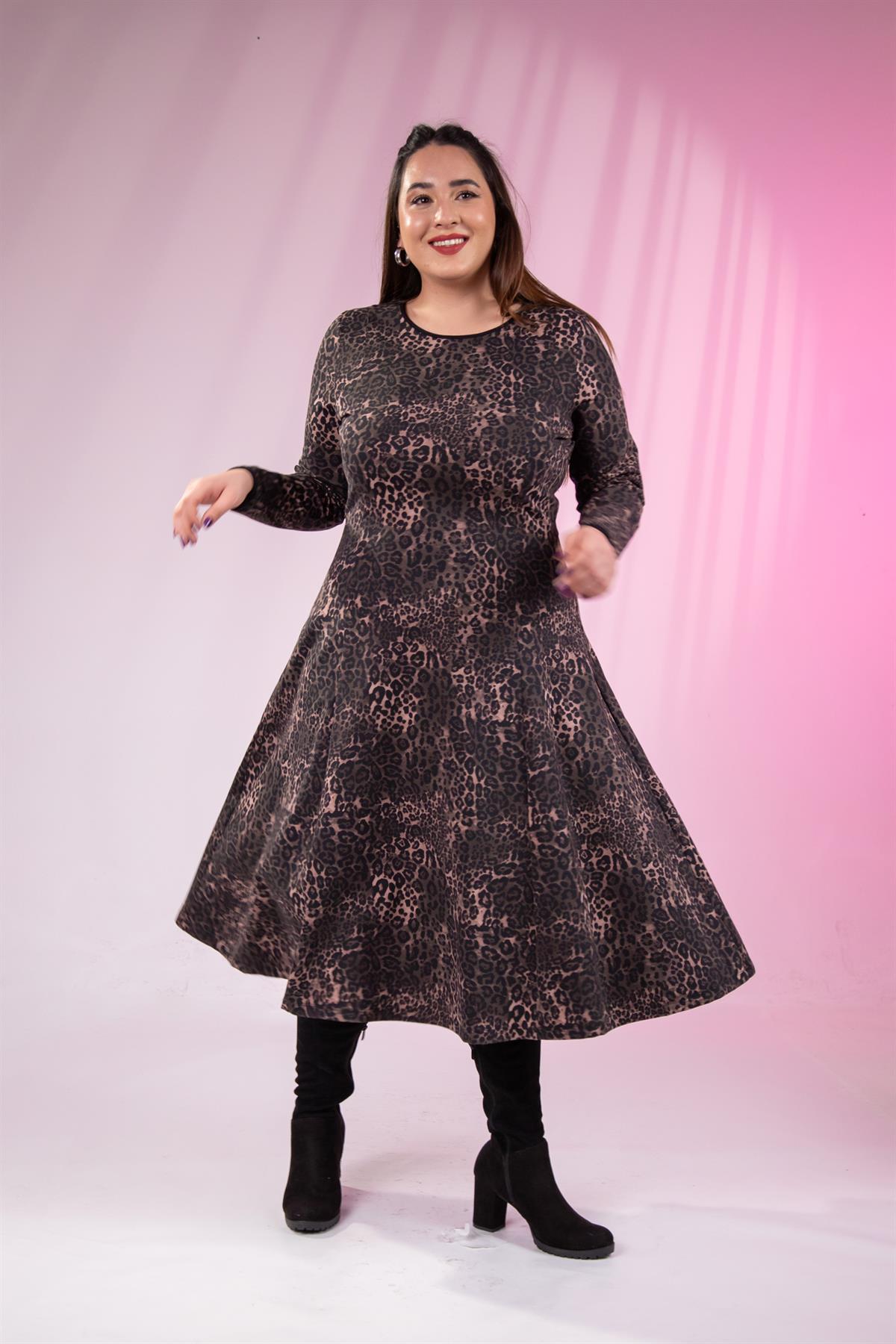 Büyük Beden 33324167 Leopar Desenli Elbise  Kahverengi