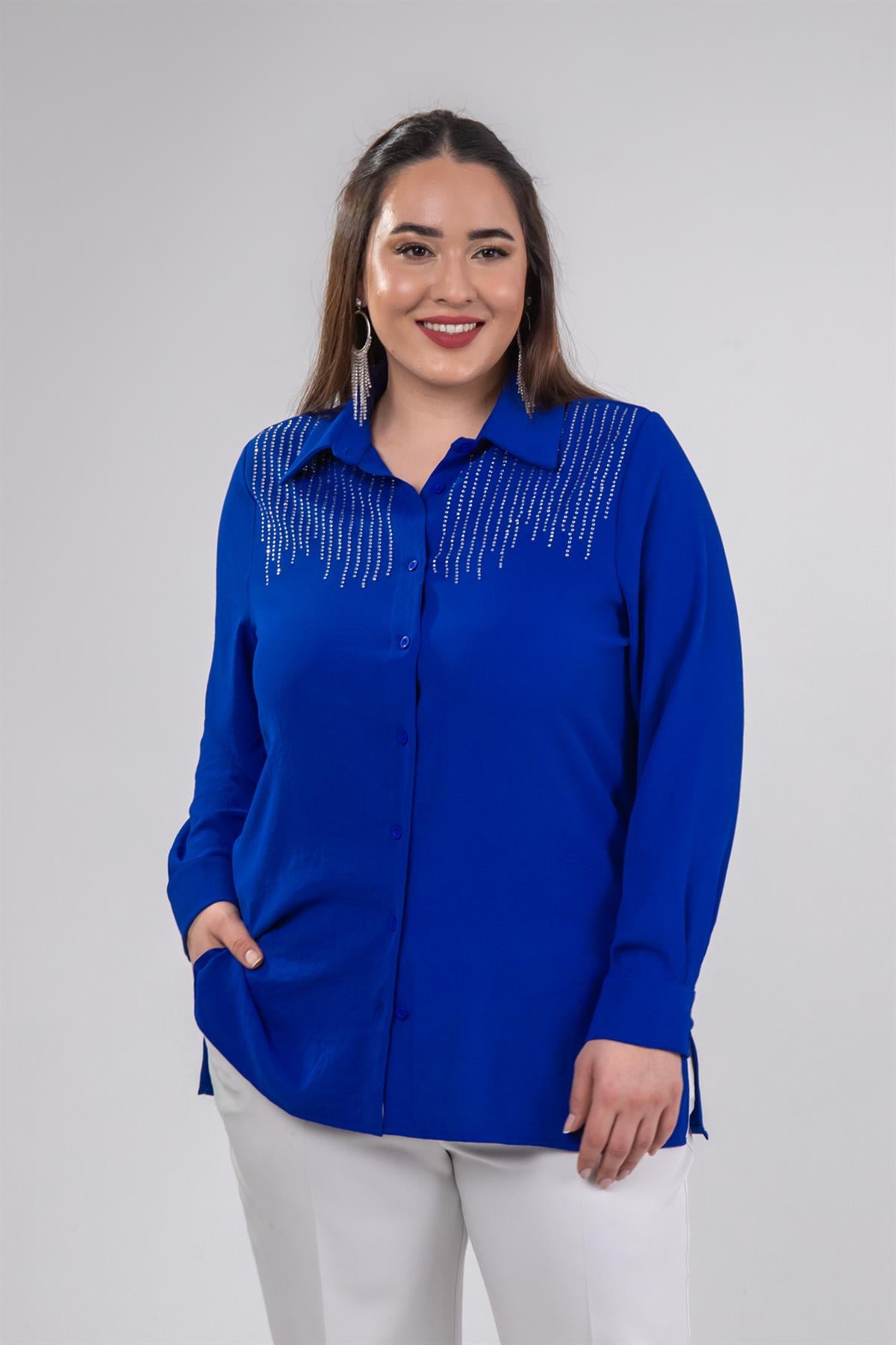 Büyük Beden 333244 Taş Detaylı Gömlek  Saks