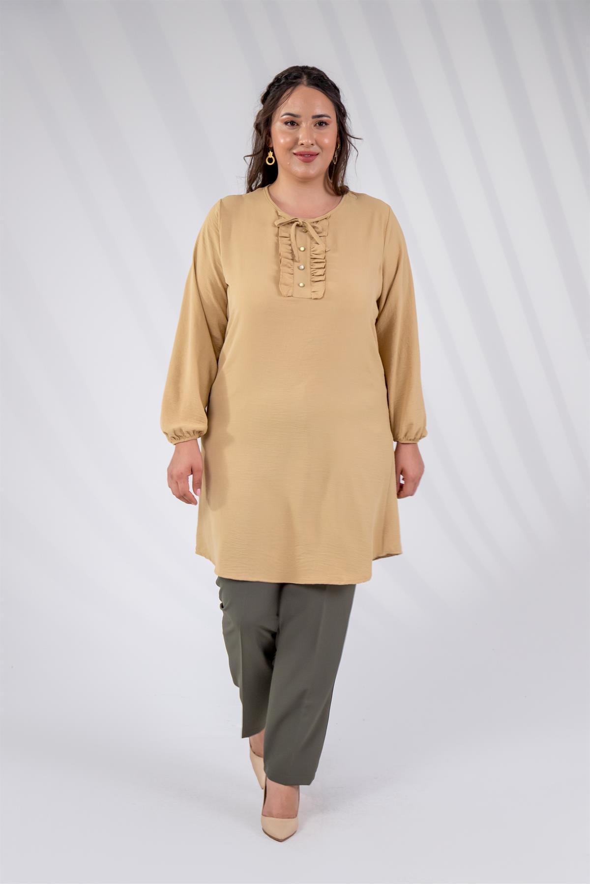 Büyük Beden 333306 Yaka Detaylı Tunik  Bej