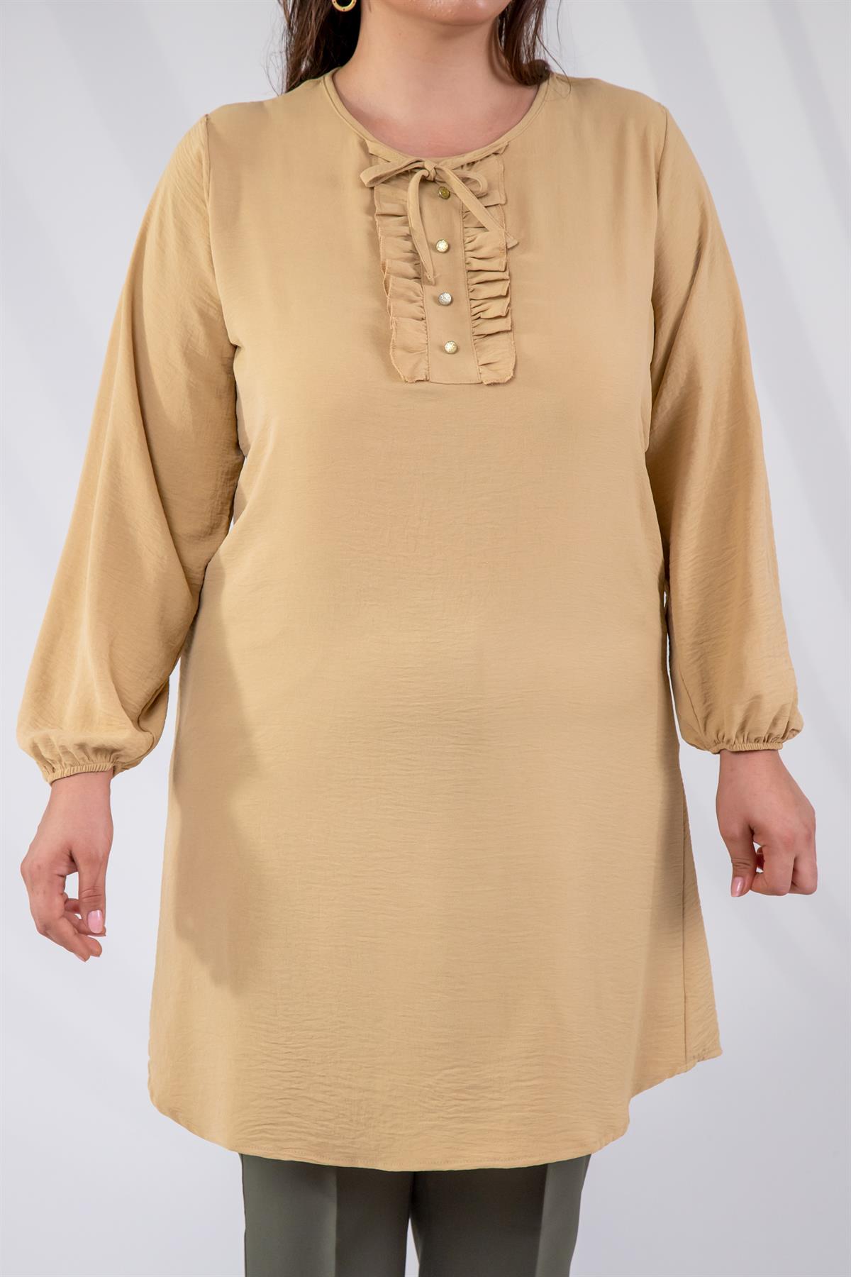 Büyük Beden 333306 Yaka Detaylı Tunik  Bej