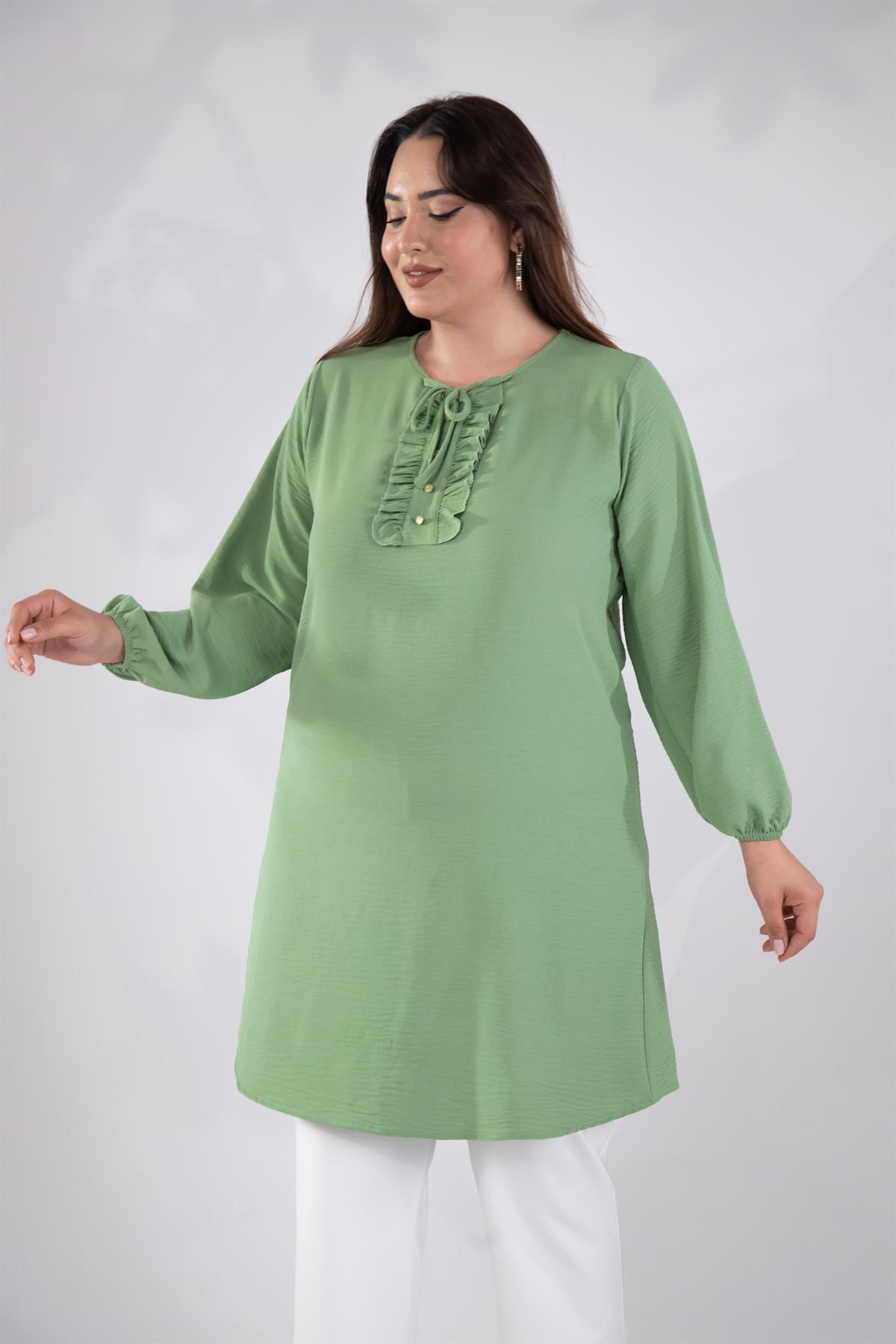 Büyük Beden 333306 Yaka Detaylı Tunik  Yeşil