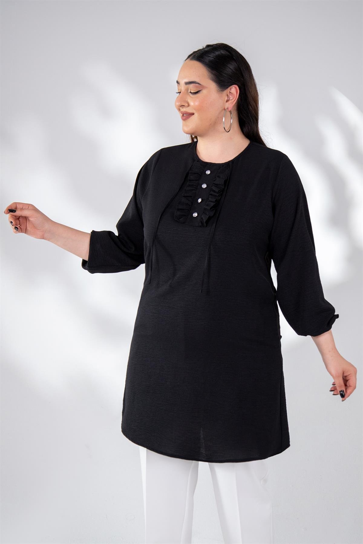 Büyük Beden 333306 Yaka Detaylı Tunik  Siyah