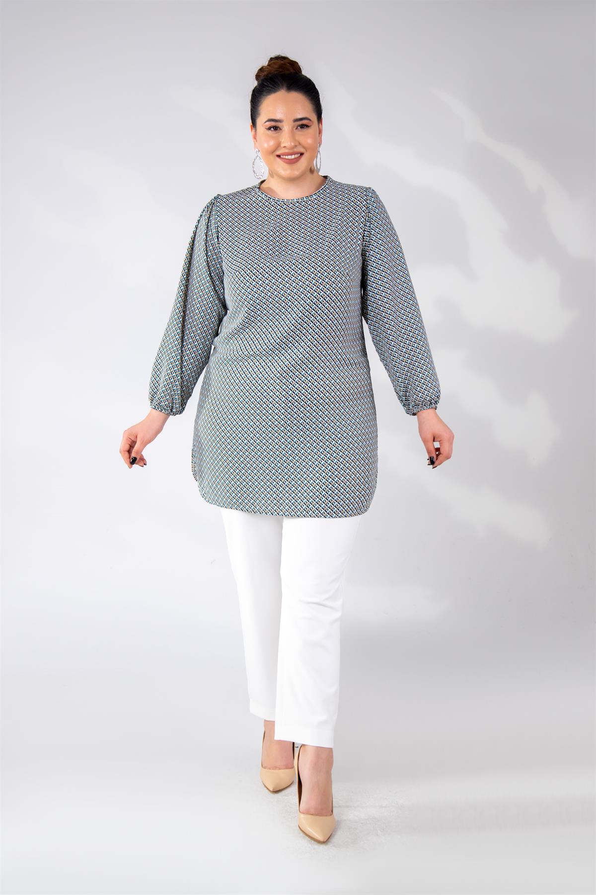 Büyük Beden 333310 Yanı Yırtmaçlı Tunik  Sarı-Yeşil