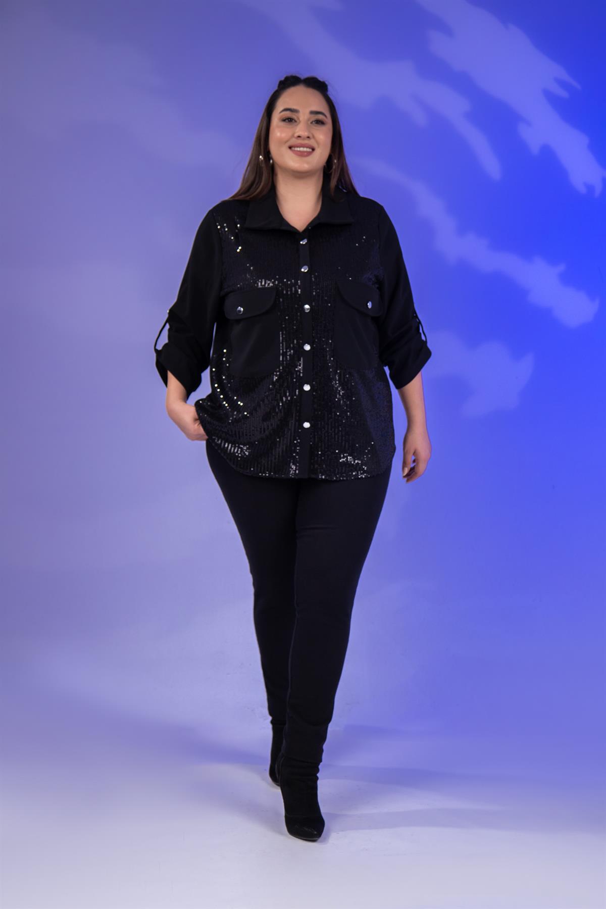 Büyük Beden 3333136 Cepli Pul Payetli Gömlek  Siyah