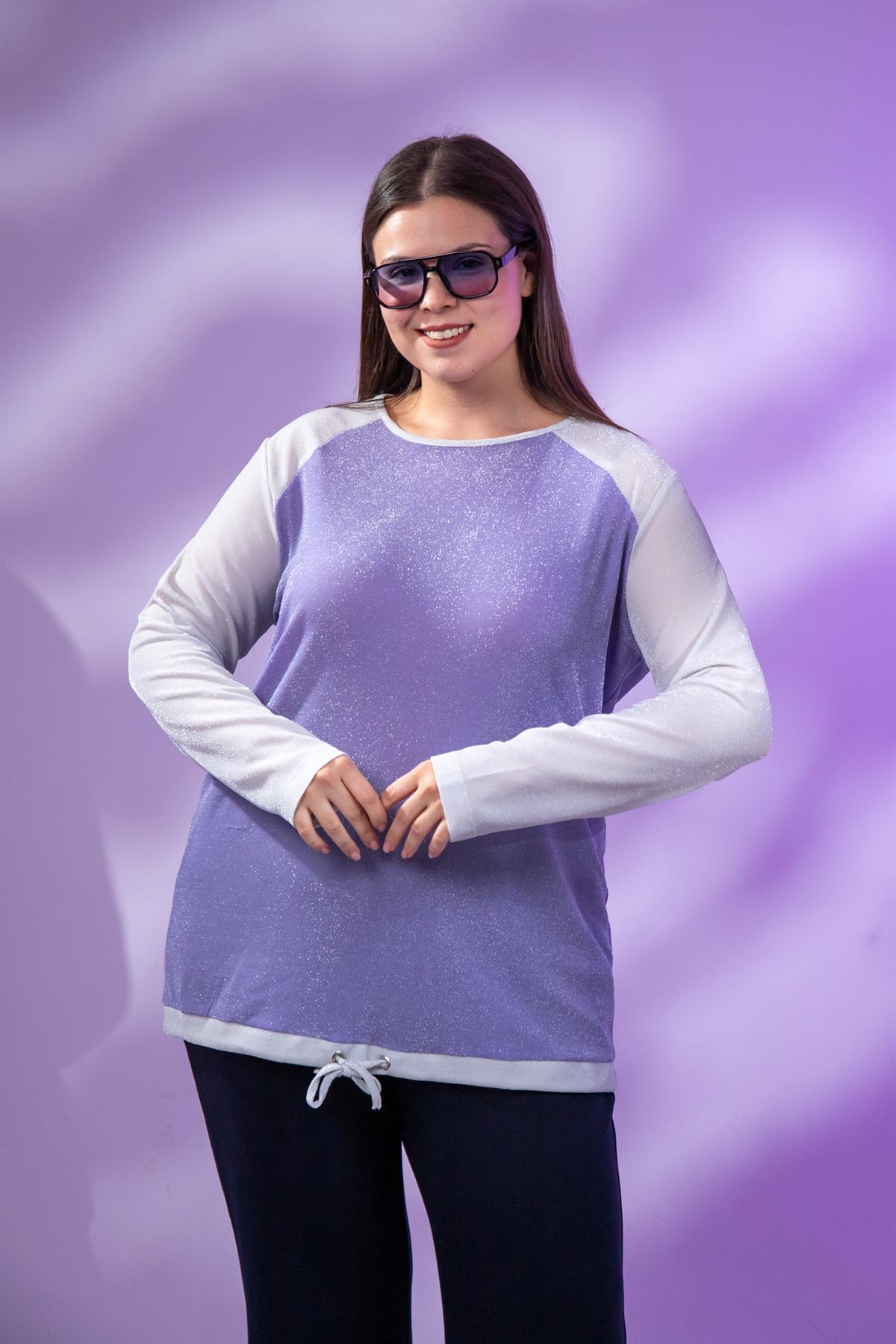 Büyük Beden 333330  Garnili Bluz  Lila-Gri