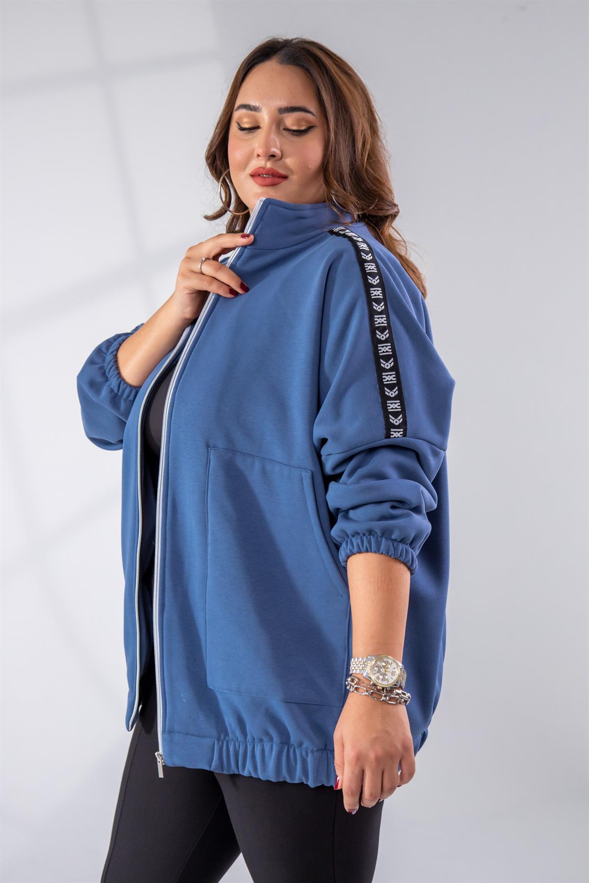 Büyük Beden 333443 Şertli Polar Sweat Petrol Mavi