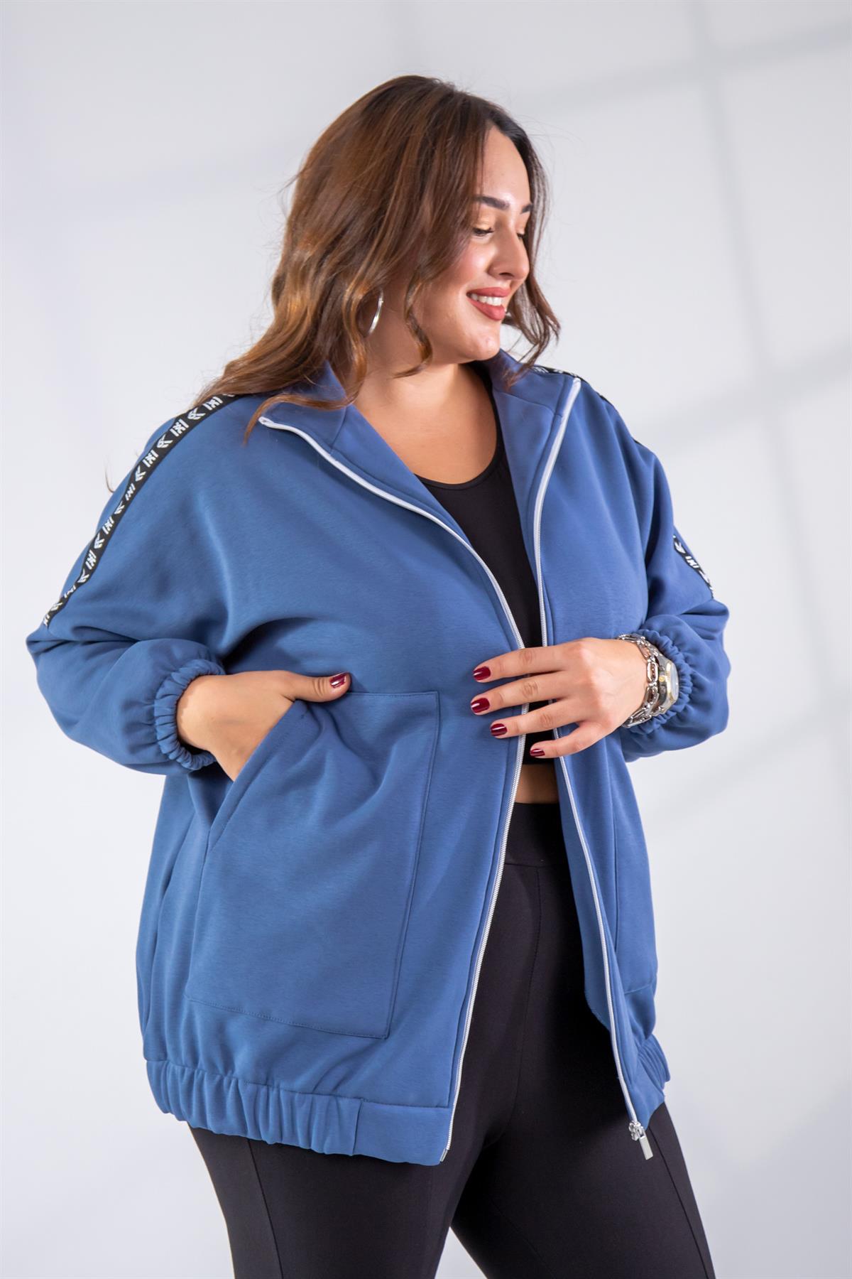 Büyük Beden 333443 Şertli Polar Sweat Petrol Mavi